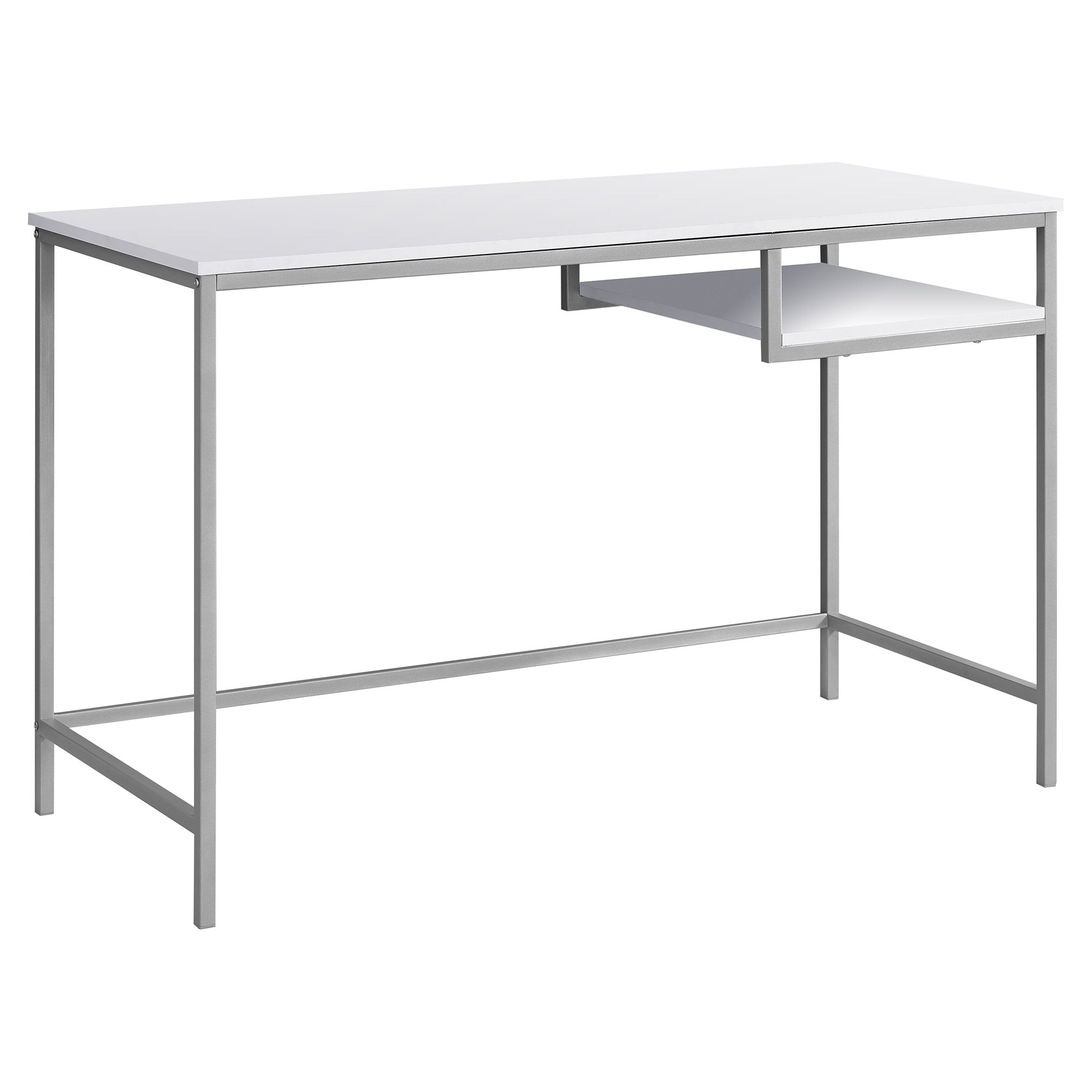 30-inch white MDF and metal computer desk with open shelf, perfect for home office use.