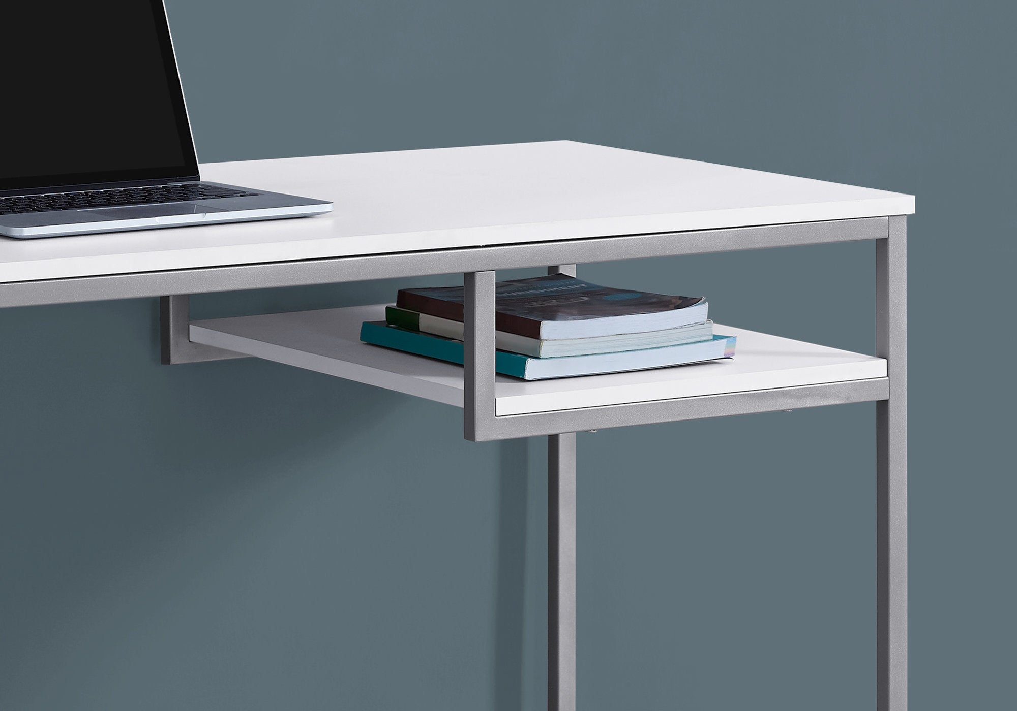 30-inch white MDF and metal computer desk with open shelf, perfect for home office use.