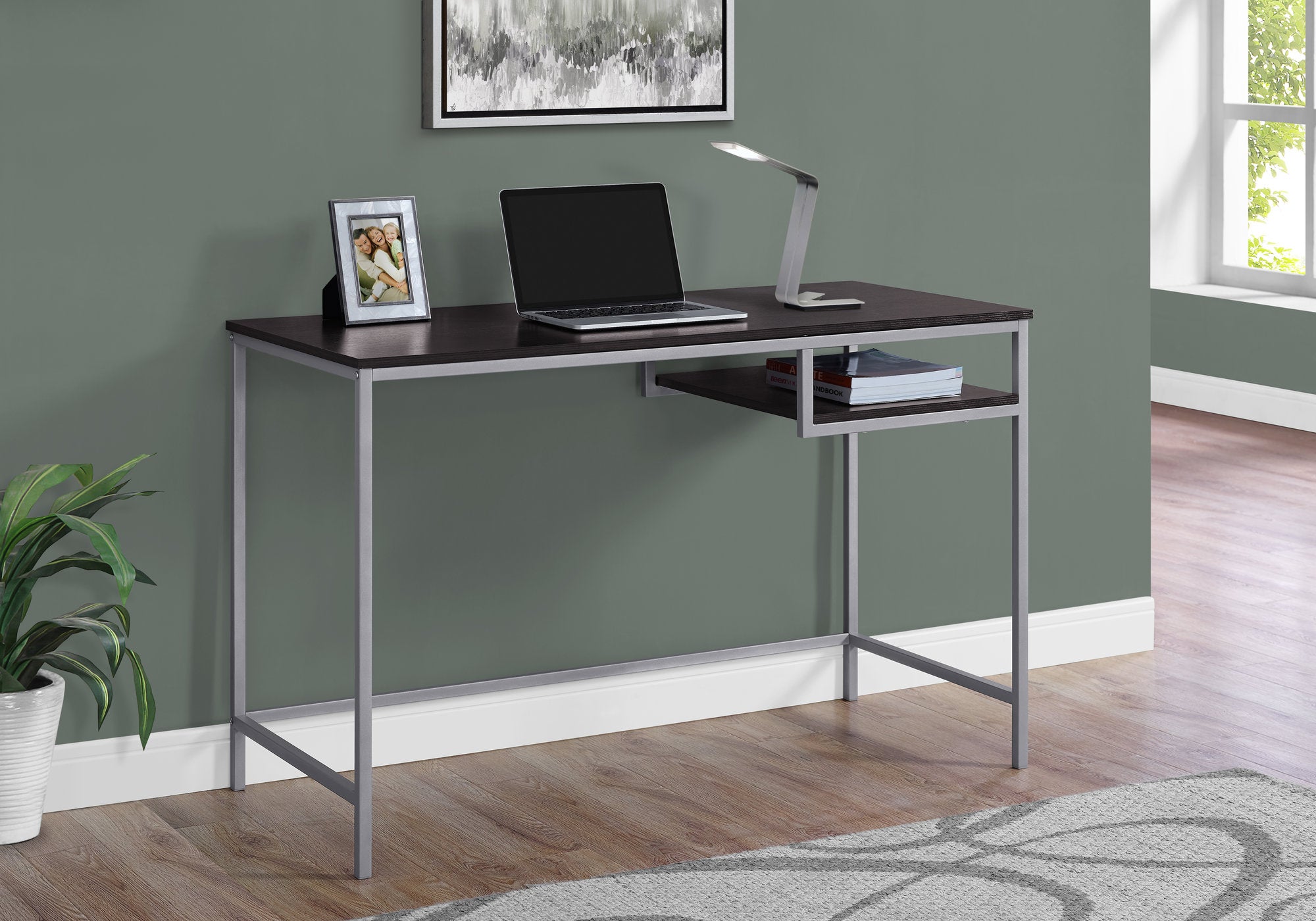 30-inch white MDF and metal computer desk with open shelf, perfect for home office use.