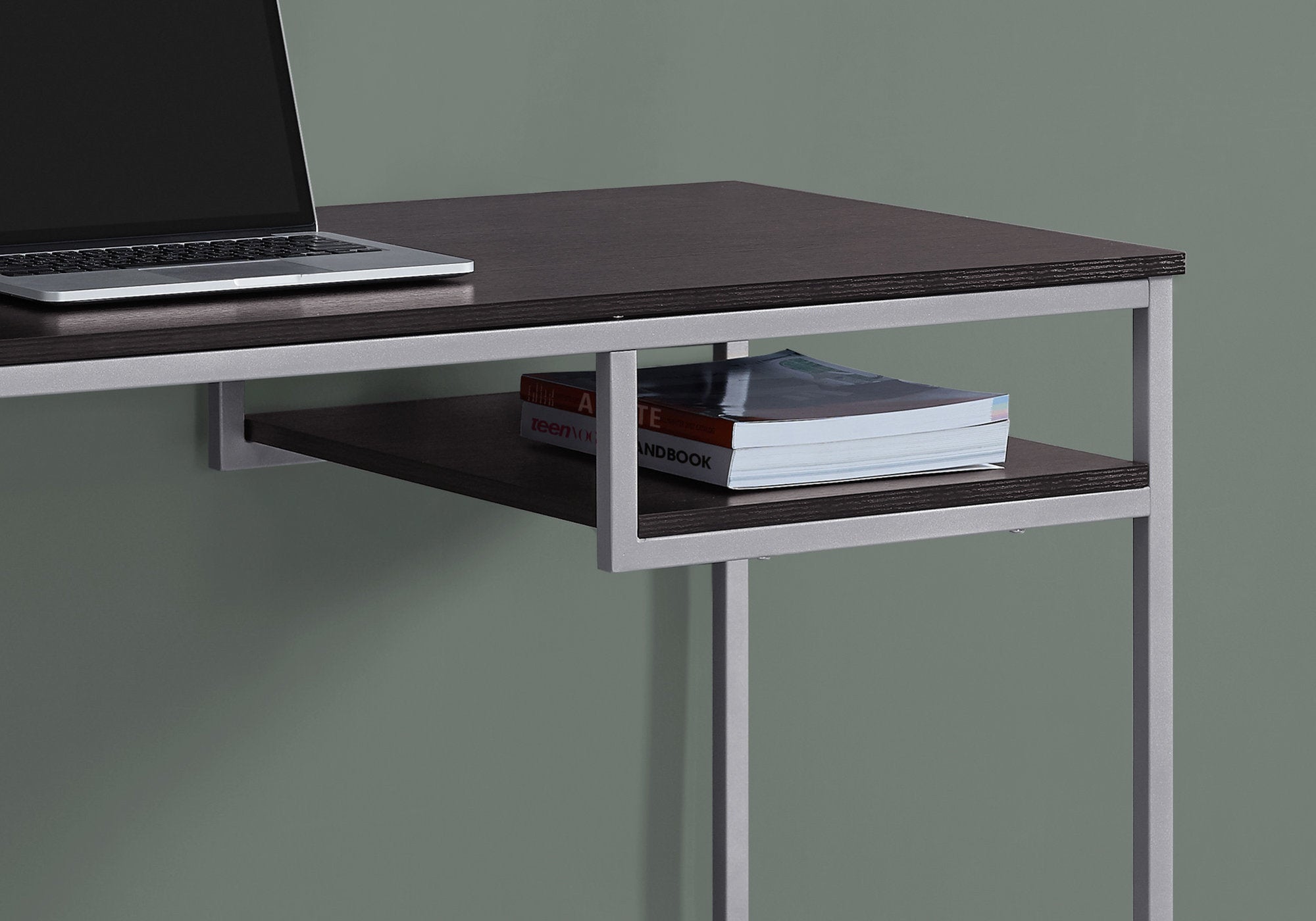 30-inch white MDF and metal computer desk with open shelf, perfect for home office use.