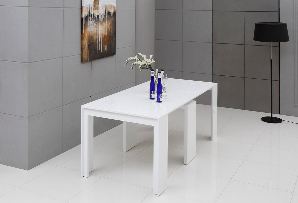 30-inch White MDF Extendable Dining Table showcasing a modern design with a sleek white finish, perfect for dining or living spaces.