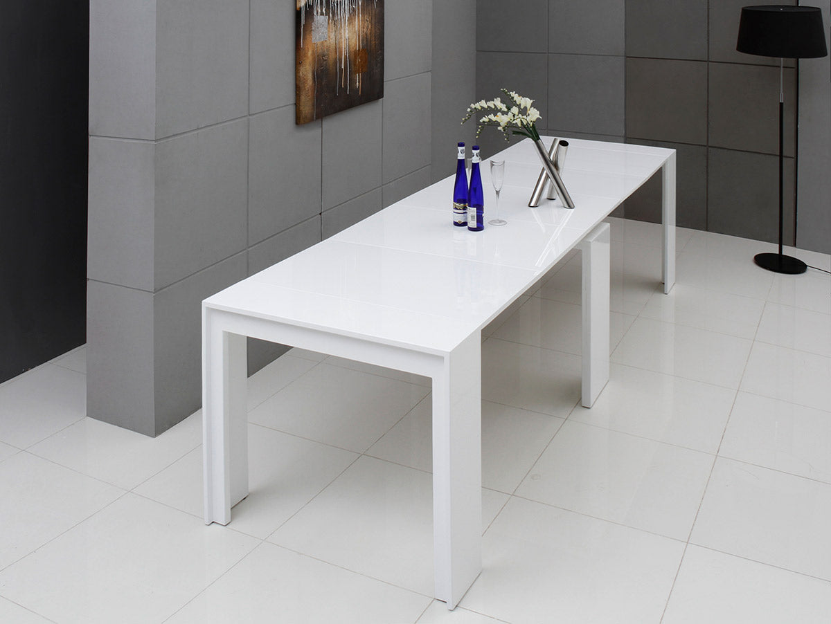 30-inch White MDF Extendable Dining Table showcasing a modern design with a sleek white finish, perfect for dining or living spaces.