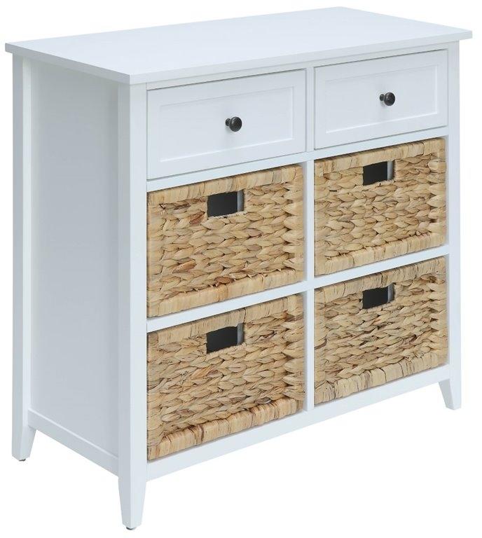 30 inches x 13 inches x 28 inches White Wood Veneer Accent Chest with six drawers and a stylish basket front design.