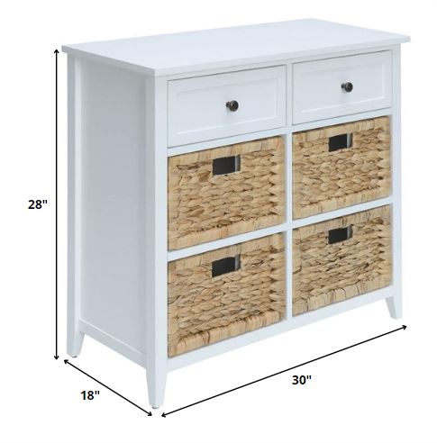 30 inches x 13 inches x 28 inches White Wood Veneer Accent Chest with six drawers and a stylish basket front design.