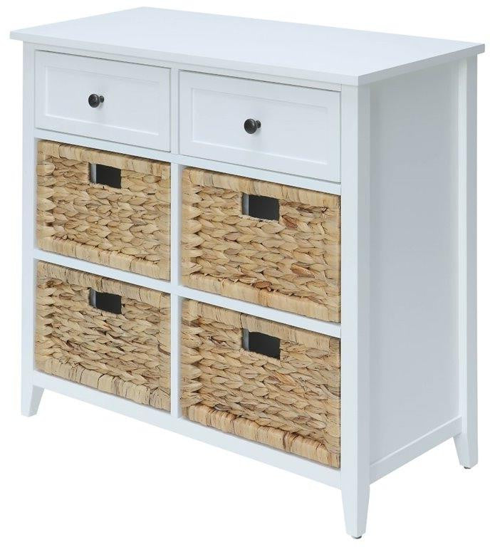 30 inches x 13 inches x 28 inches White Wood Veneer Accent Chest with six drawers and a stylish basket front design.