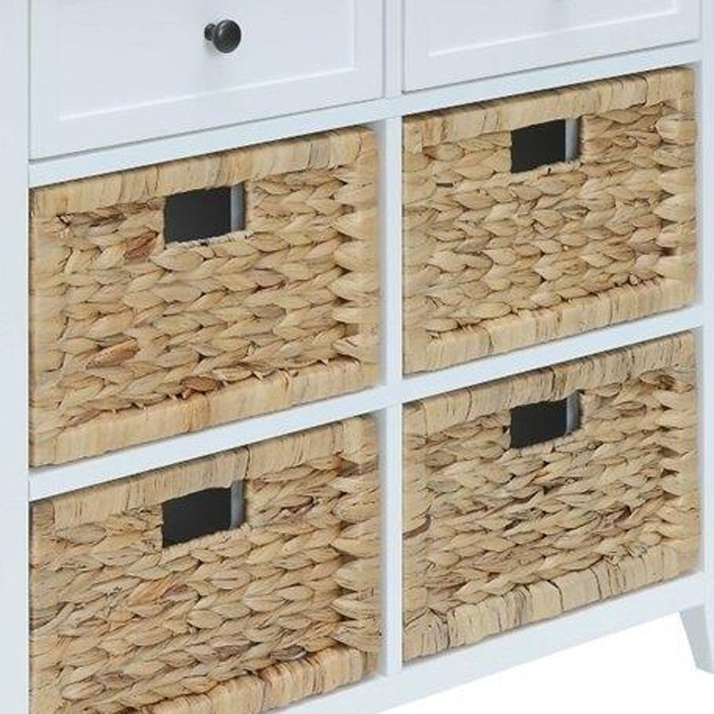 30 inches x 13 inches x 28 inches White Wood Veneer Accent Chest with six drawers and a stylish basket front design.