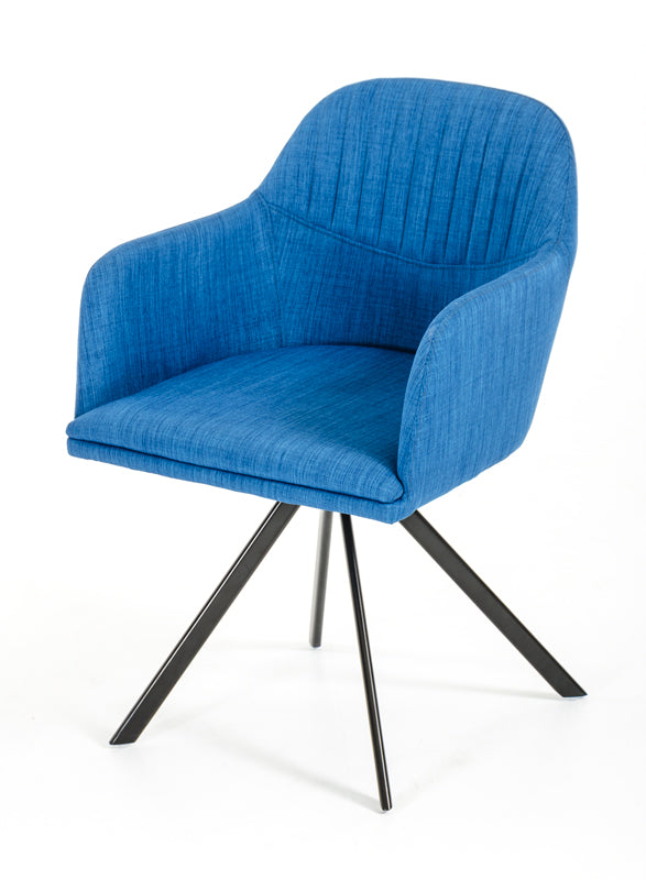 A stylish 31-inch blue fabric and metal dining arm chair showcasing its elegant design and sturdy construction.