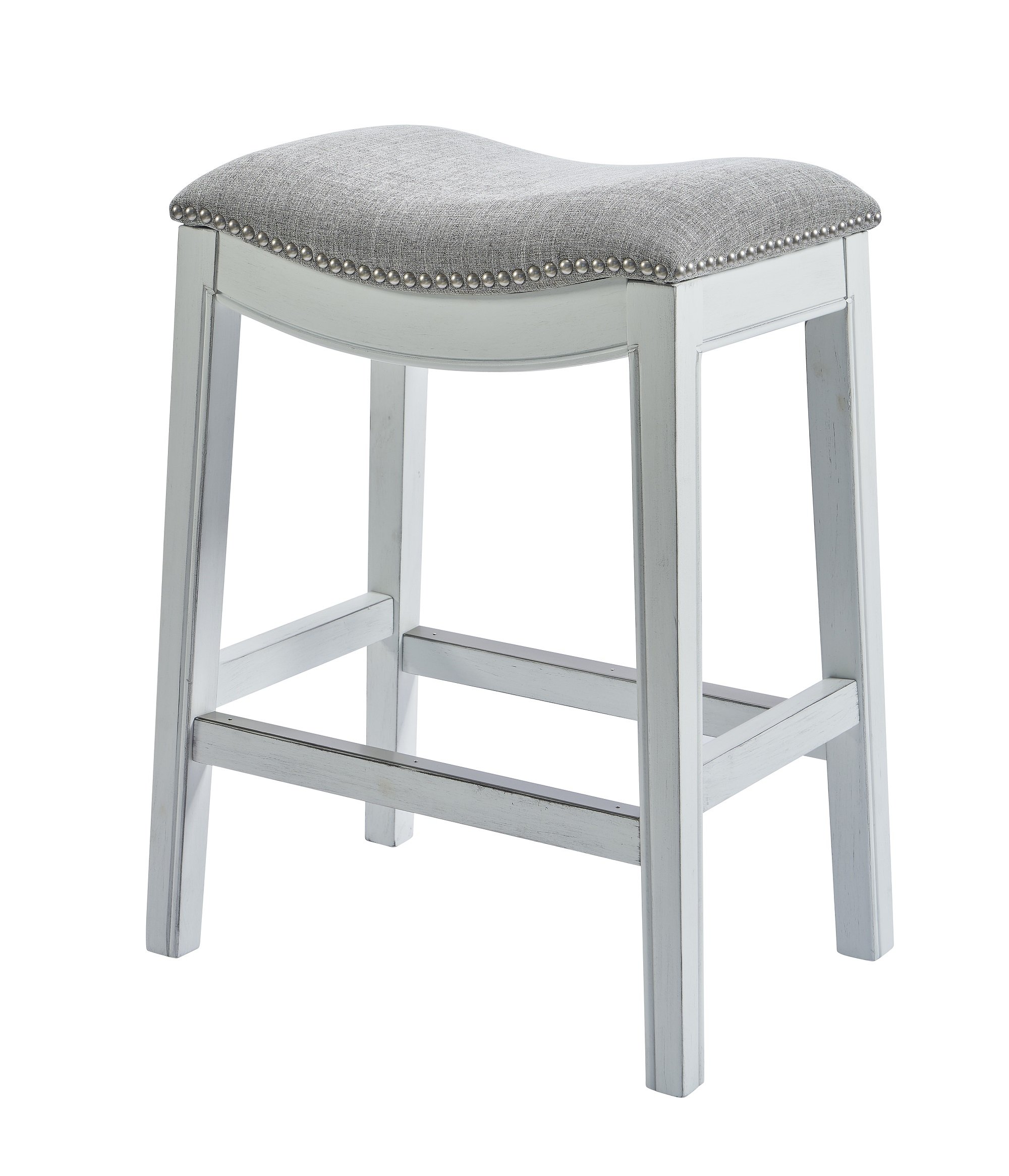 31-inch white finished solid wood bar stool with upholstered seat and antique nail head accents, showcasing a modern design.