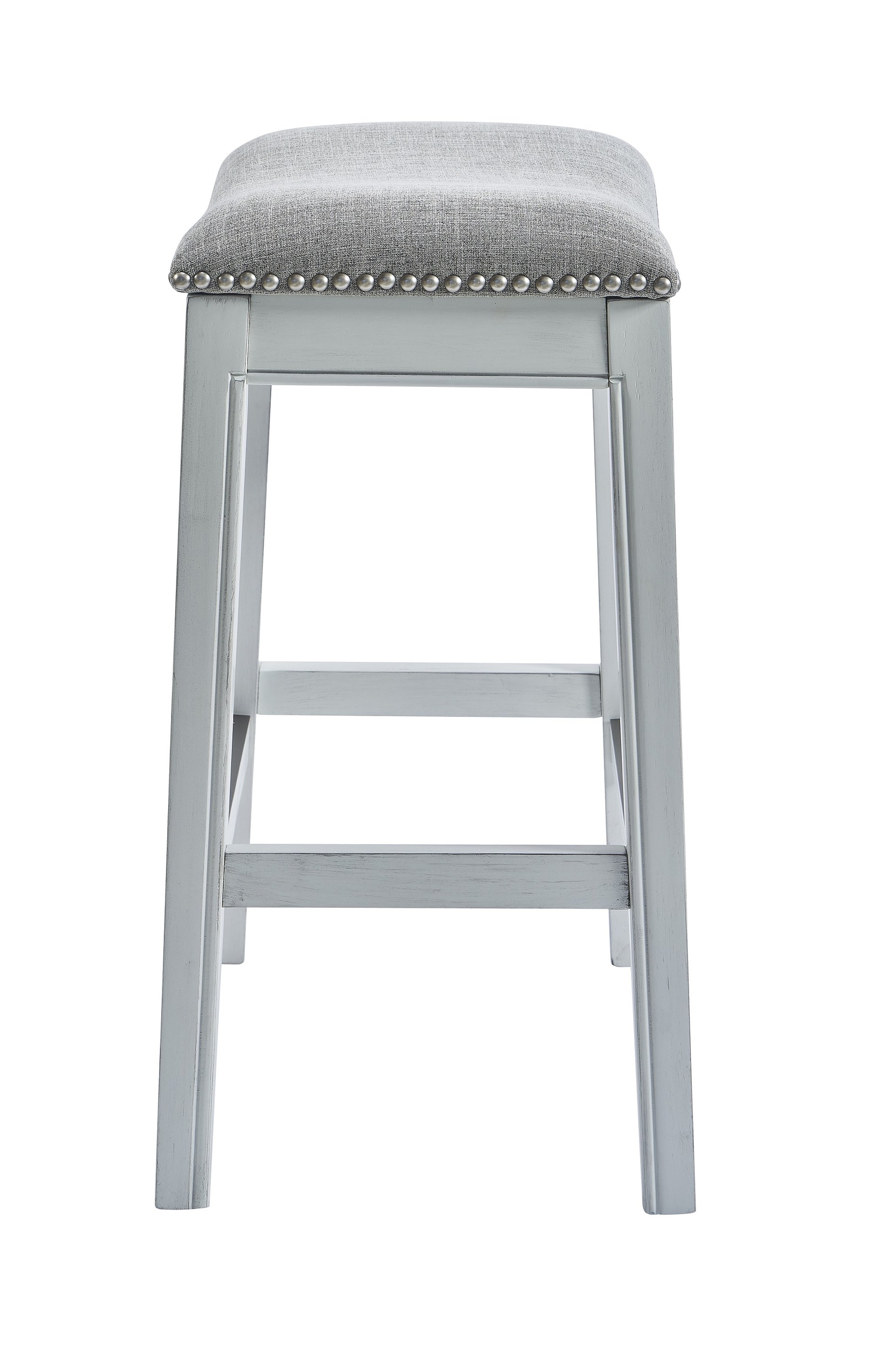 31-inch white finished solid wood bar stool with upholstered seat and antique nail head accents, showcasing a modern design.