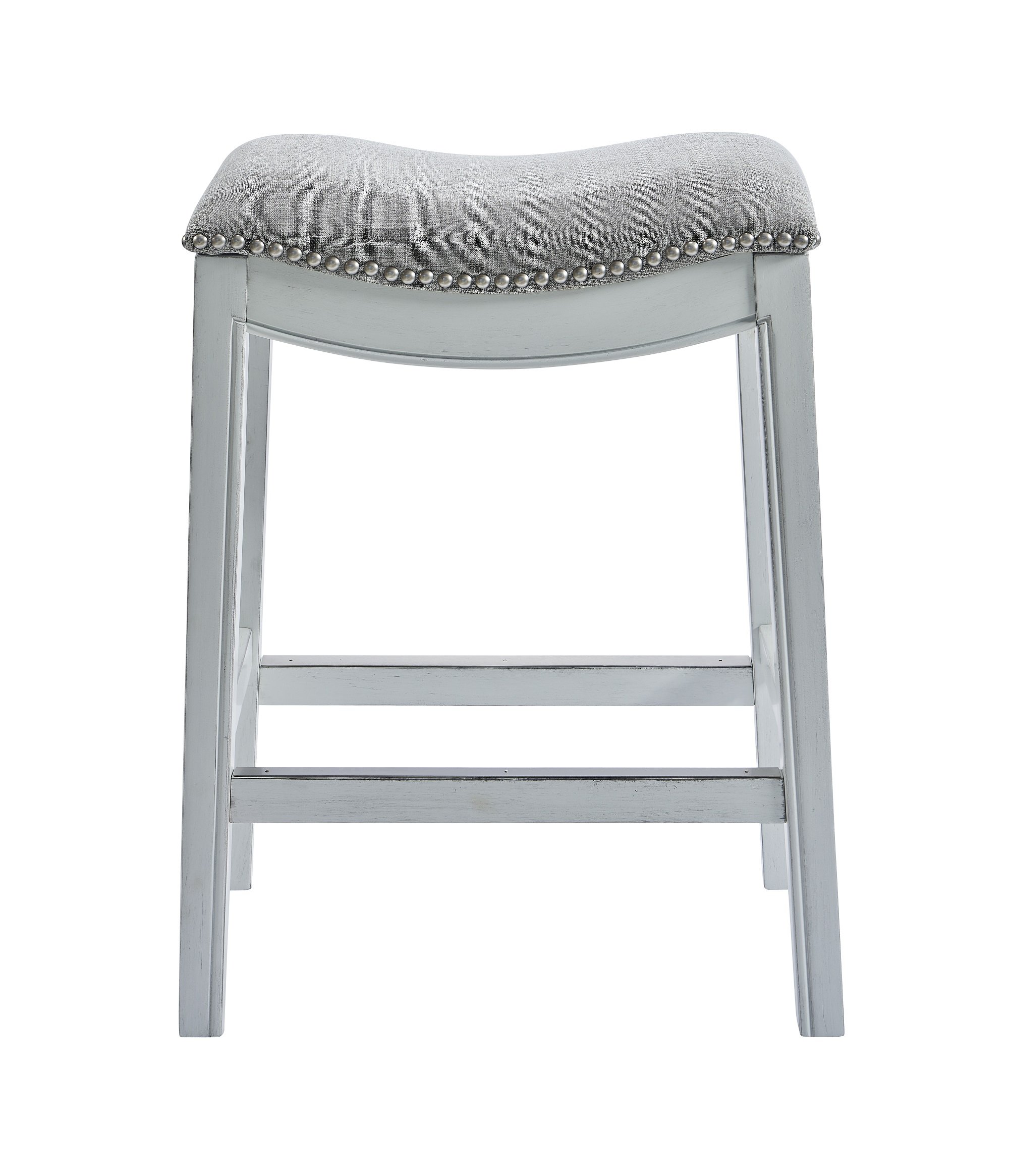 31-inch white finished solid wood bar stool with upholstered seat and antique nail head accents, showcasing a modern design.