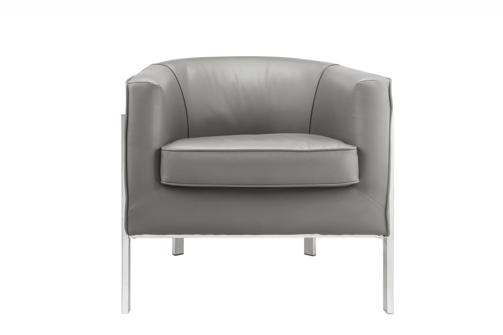 Gray edgy accent chair with chrome metal legs and thick padded seat cushion, designed for modern living spaces.