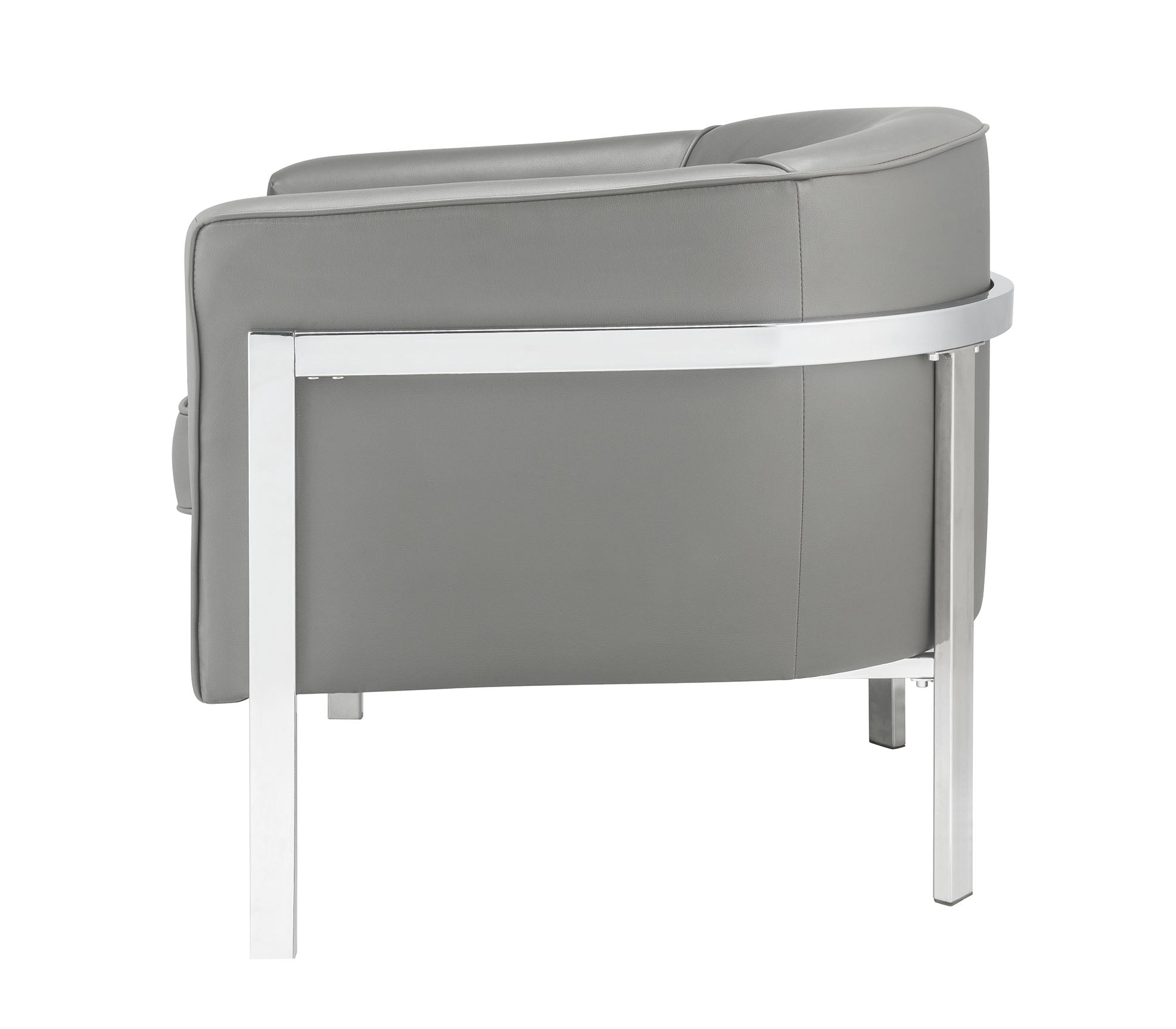 Gray edgy accent chair with chrome metal legs and thick padded seat cushion, designed for modern living spaces.