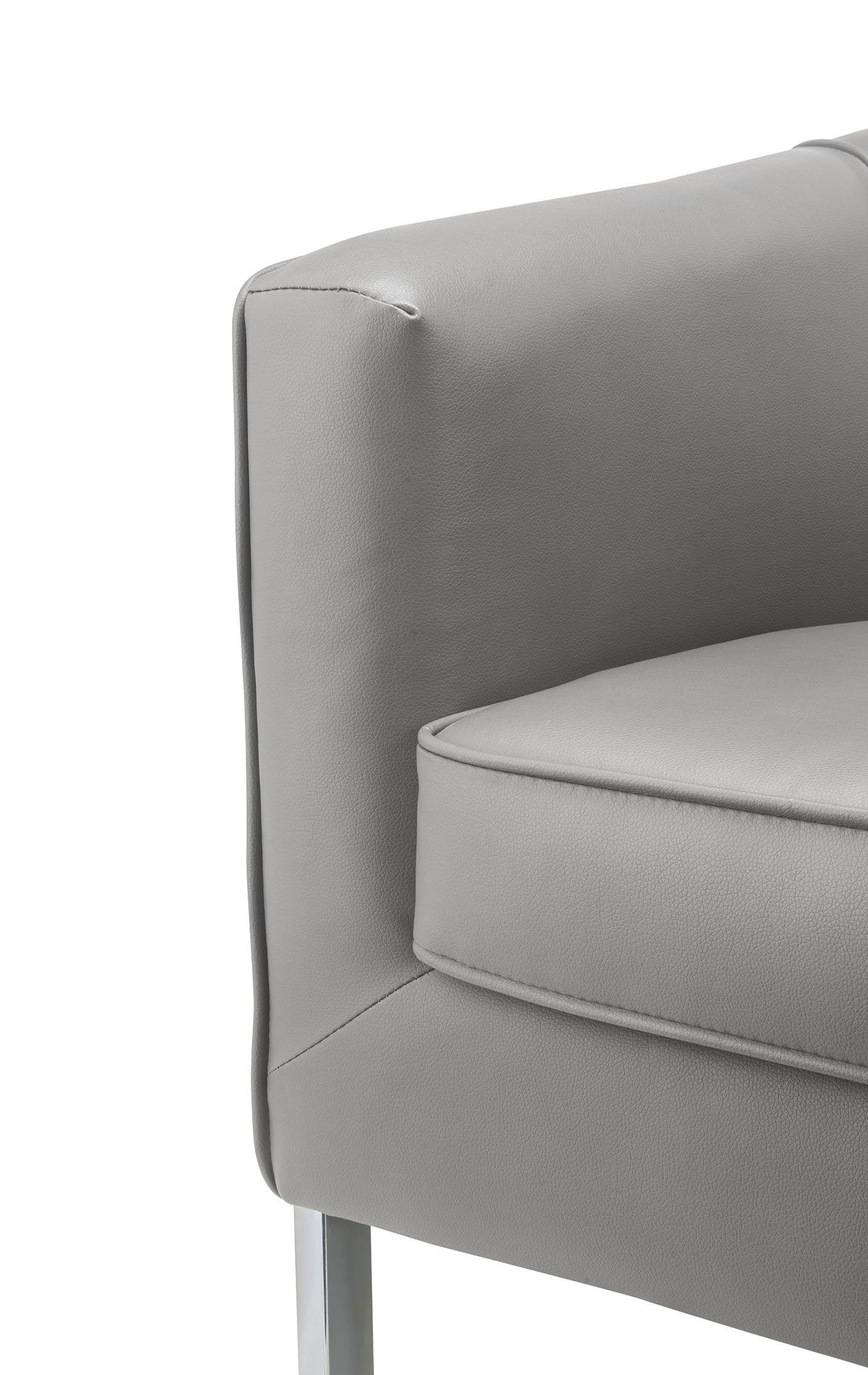 Gray edgy accent chair with chrome metal legs and thick padded seat cushion, designed for modern living spaces.