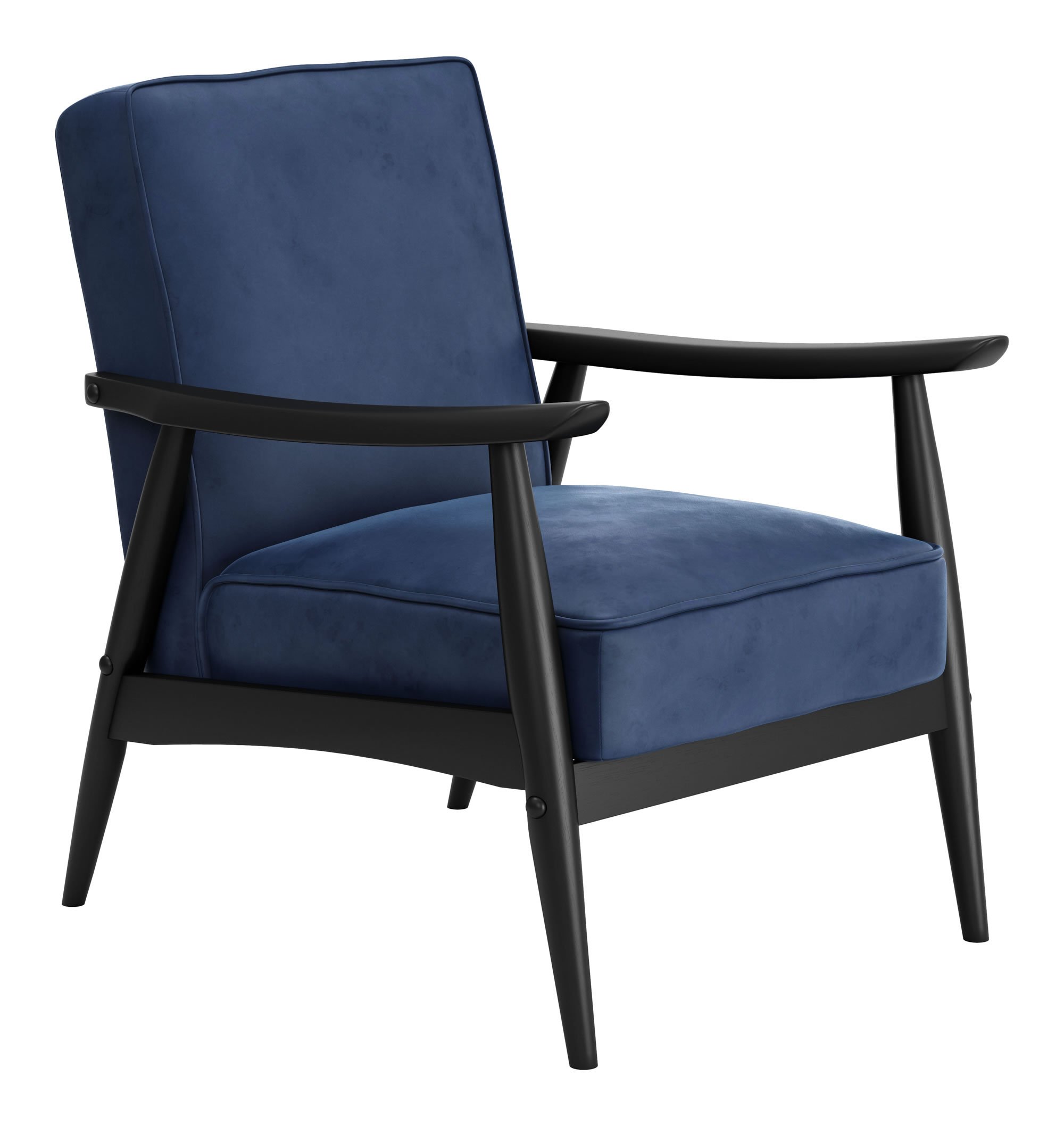 A stylish blue velvet armchair with a rubber wood frame, featuring a traditional design with modern elements, perfect for any living space.