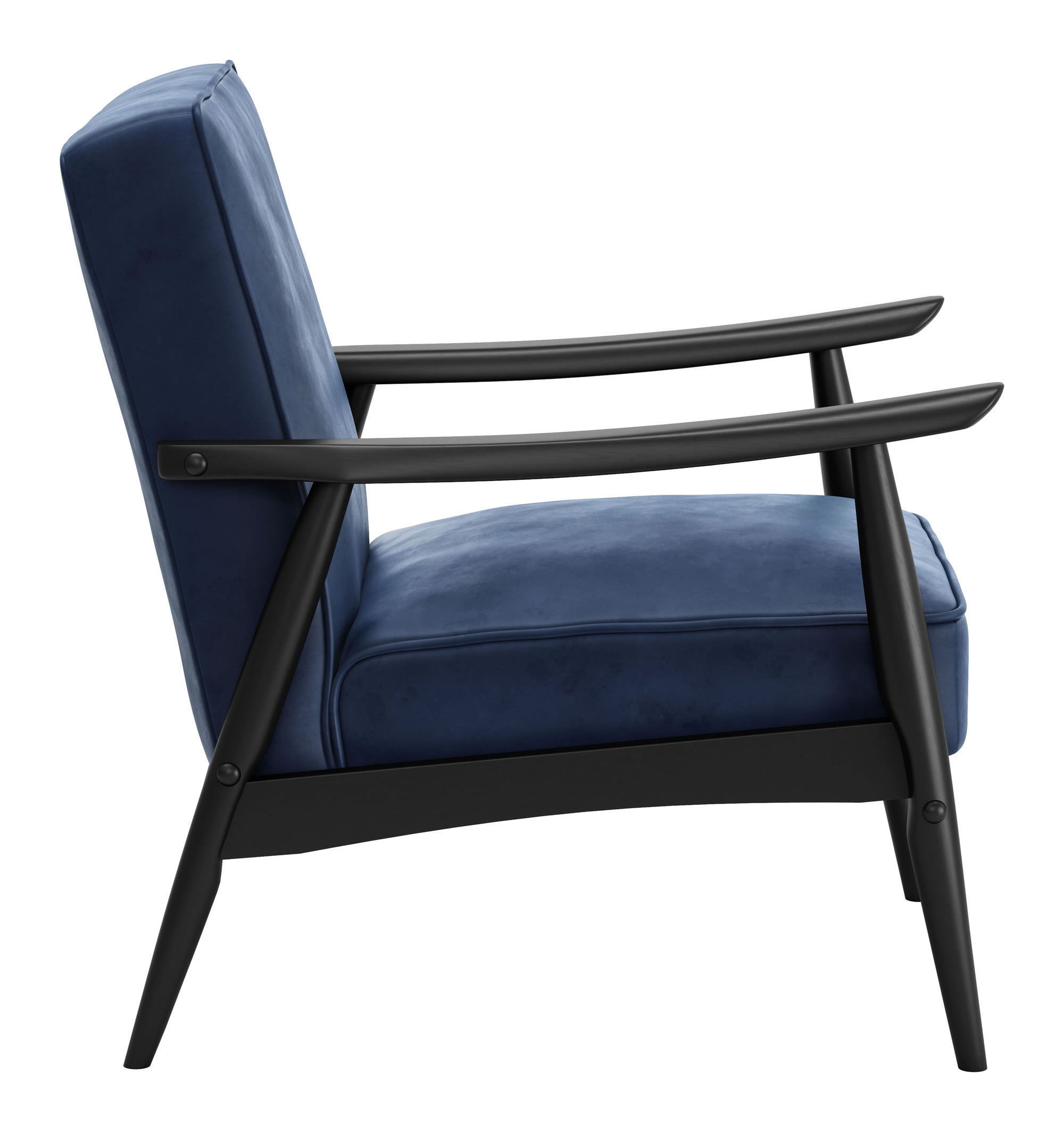 A stylish blue velvet armchair with a rubber wood frame, featuring a traditional design with modern elements, perfect for any living space.