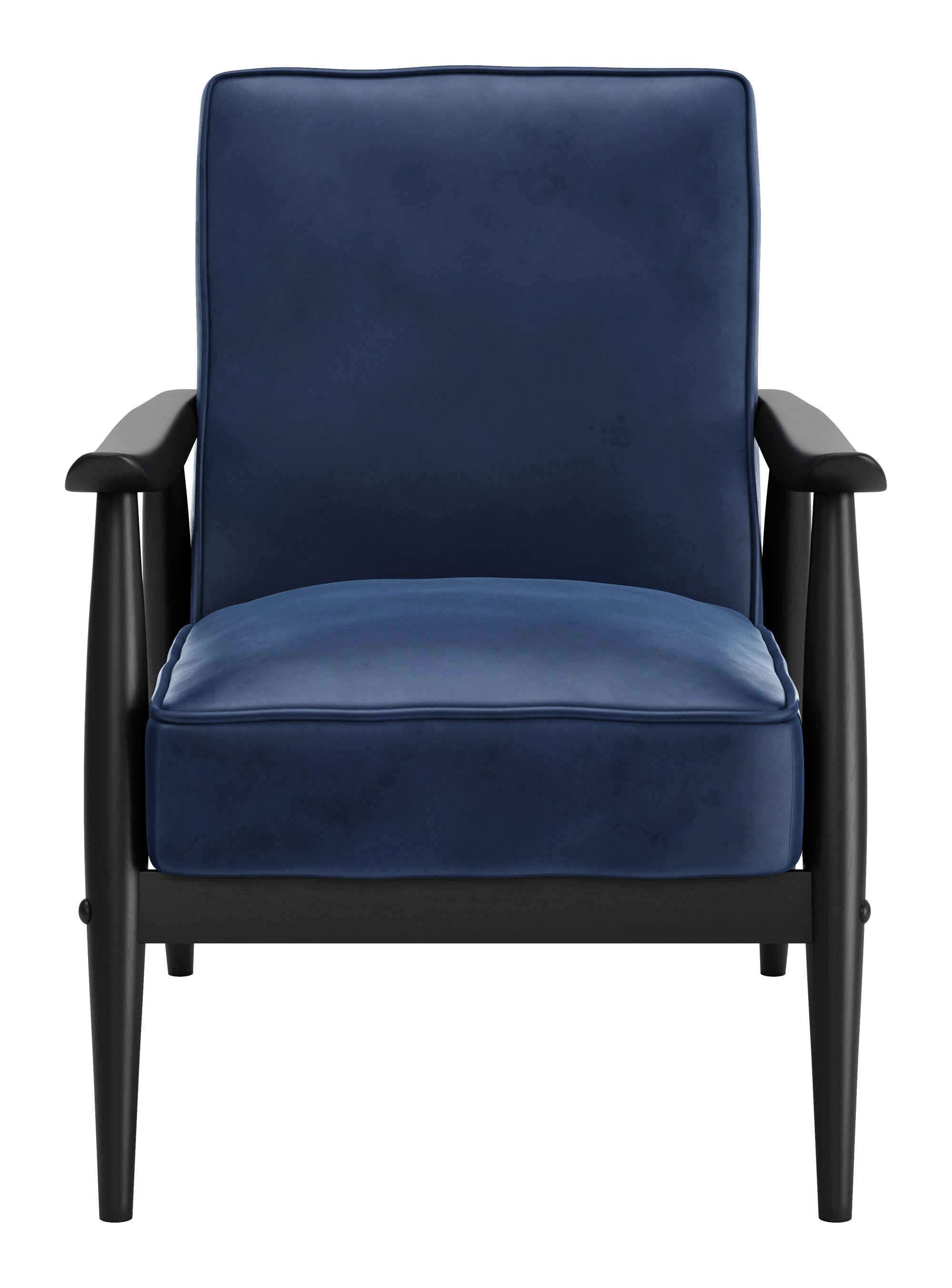 A stylish blue velvet armchair with a rubber wood frame, featuring a traditional design with modern elements, perfect for any living space.