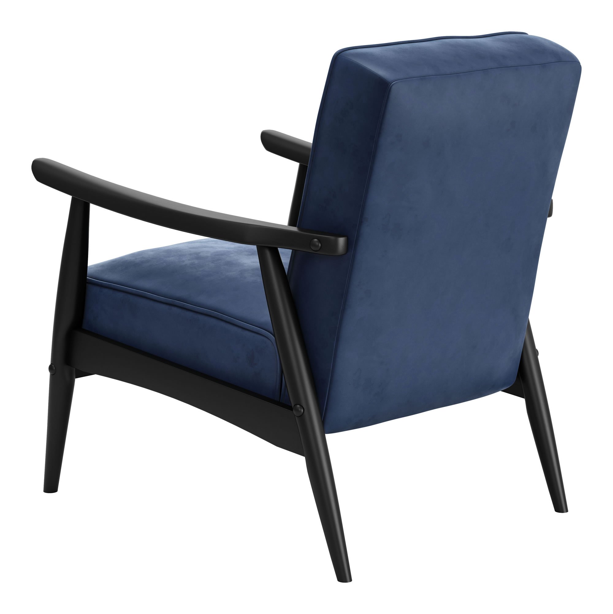 A stylish blue velvet armchair with a rubber wood frame, featuring a traditional design with modern elements, perfect for any living space.