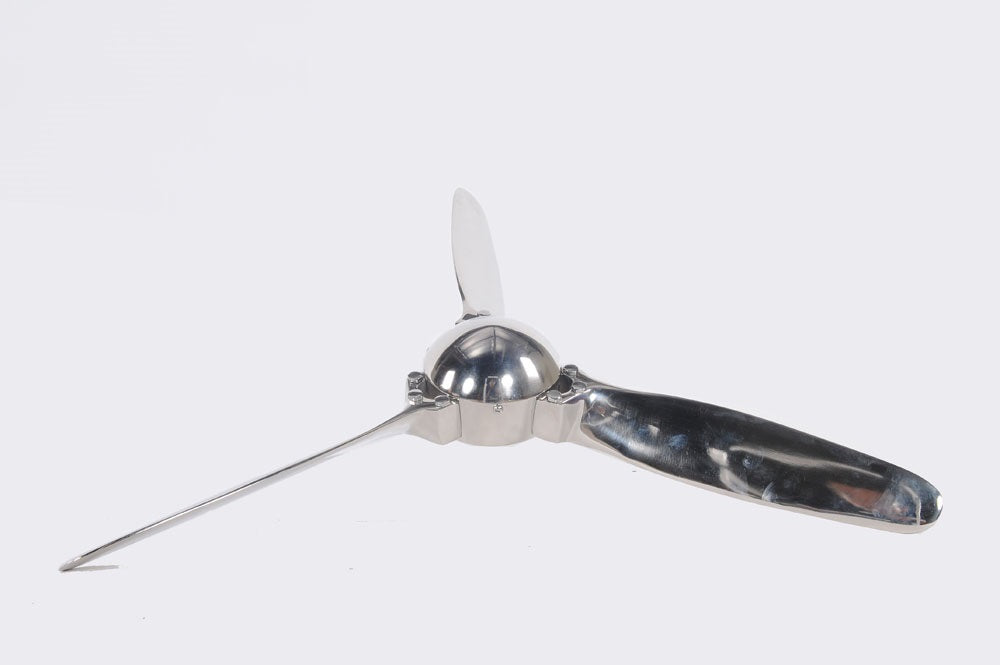 A beautifully crafted 3-blade aluminum propeller with a nickel-plated finish, measuring 24 inches long, ideal for aviation decor.