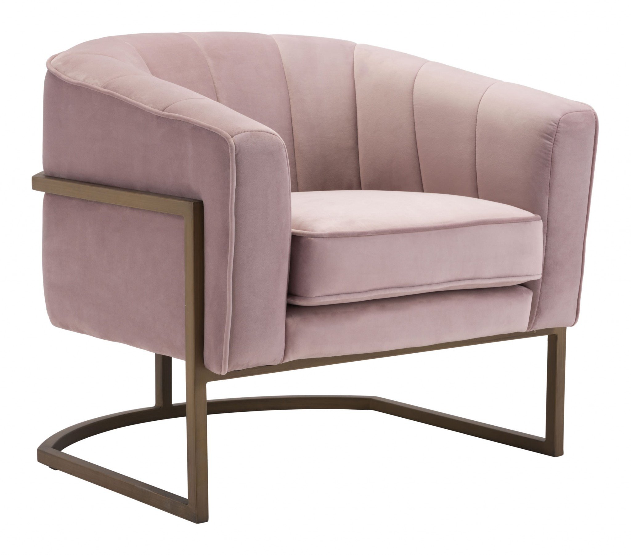 A stylish pink velvet occasional chair with a channeled tufted back and gold frame, perfect for modern decor.