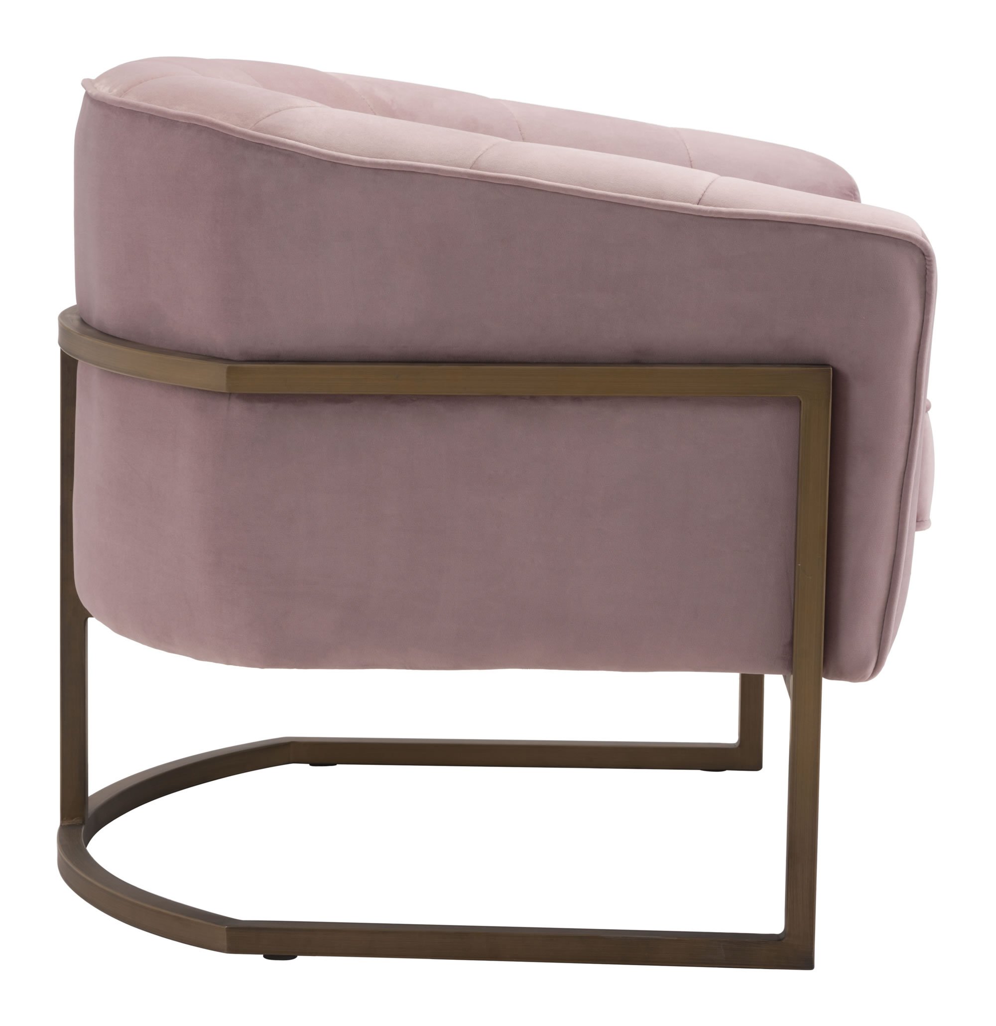 A stylish pink velvet occasional chair with a channeled tufted back and gold frame, perfect for modern decor.