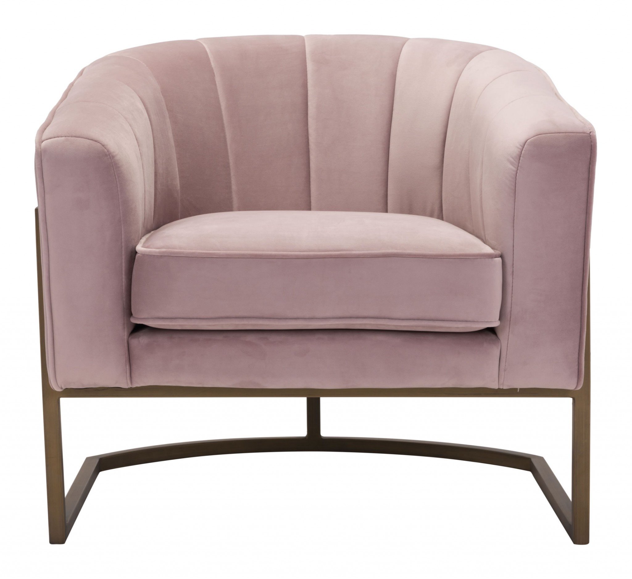 A stylish pink velvet occasional chair with a channeled tufted back and gold frame, perfect for modern decor.