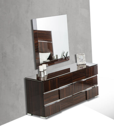 32-inch ebony lacquer veneer dresser with six drawers, made from MDF and steel, showcasing a modern design.