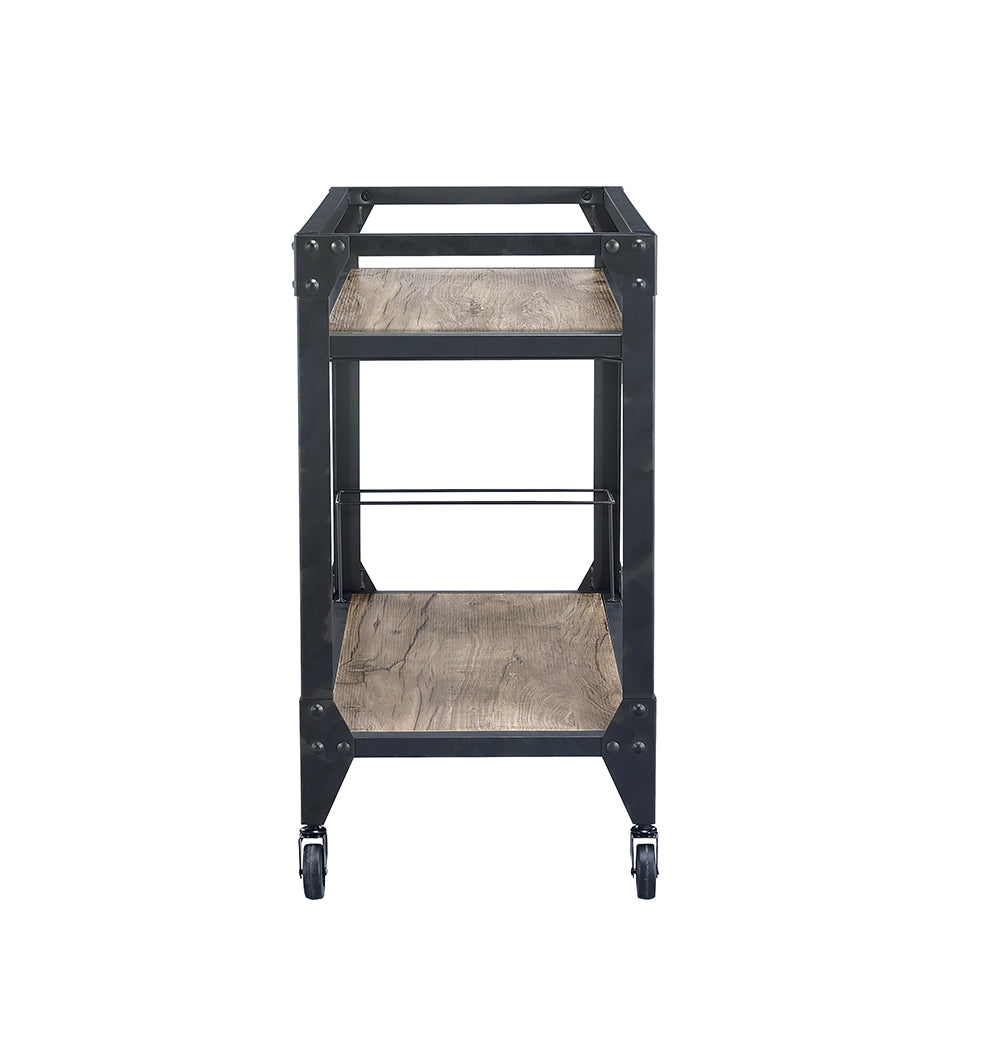 Elegant black metal serving cart with rustic oak top and four caster wheels, perfect for serving meals in style.