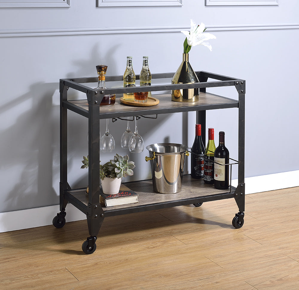 Elegant black metal serving cart with rustic oak top and four caster wheels, perfect for serving meals in style.