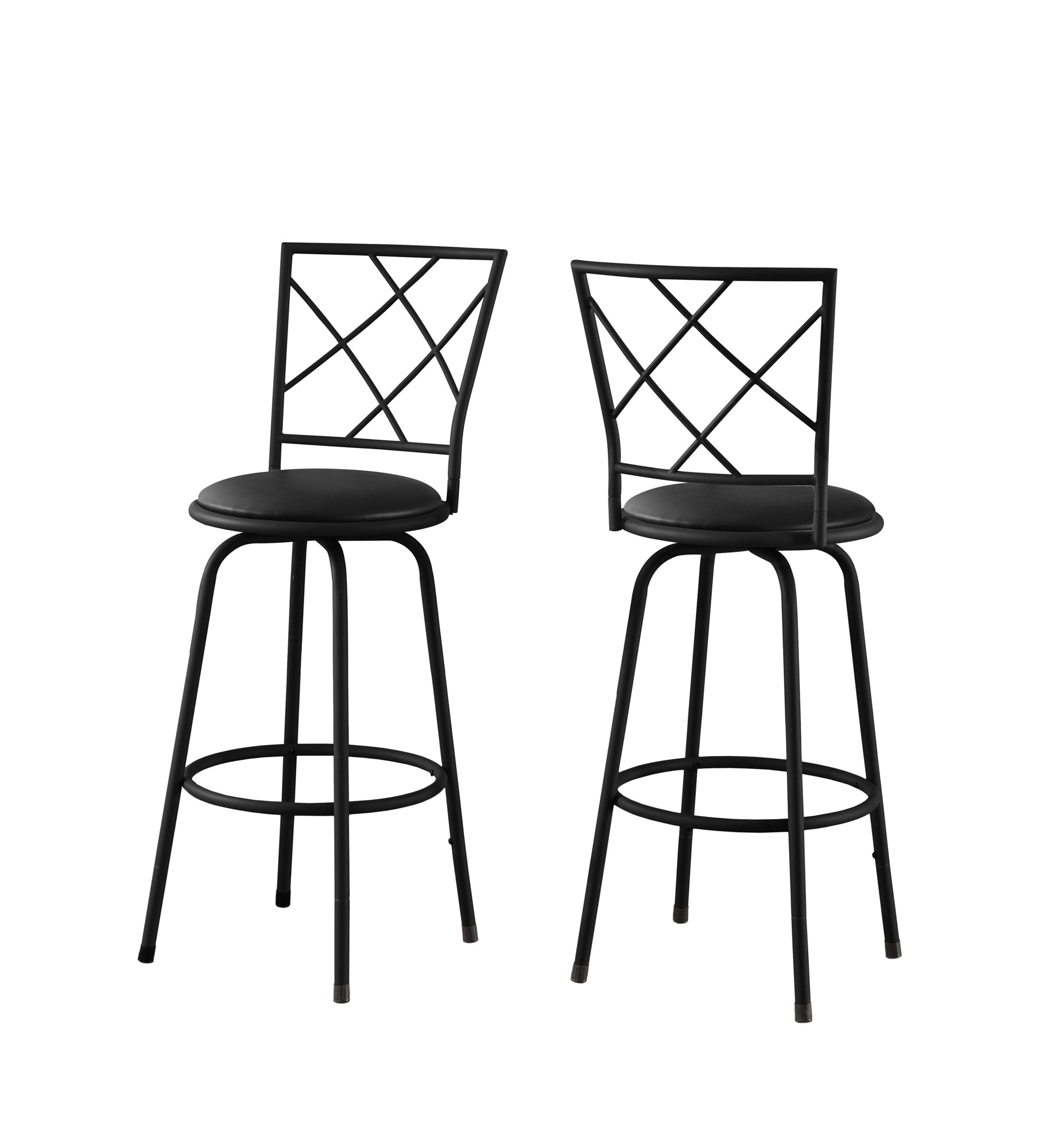 Set of 2 black metal foam leather-look barstools with criss-cross back design and footrest.