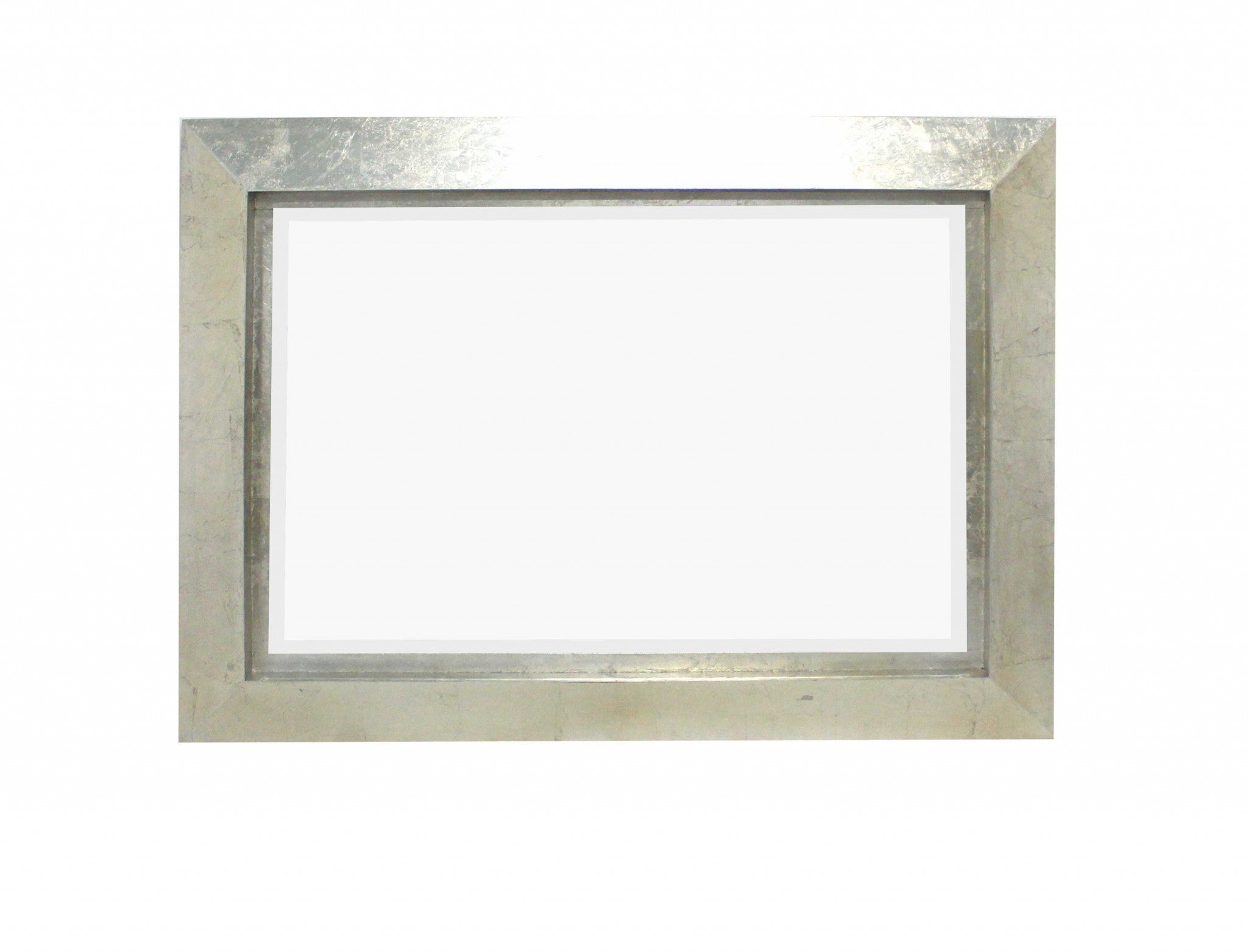 34 x 46 x 2.25 Silver Rectangular Cosmetic Mirror with a contemporary wooden frame and silver leaf finish, elegantly displayed on a wall.