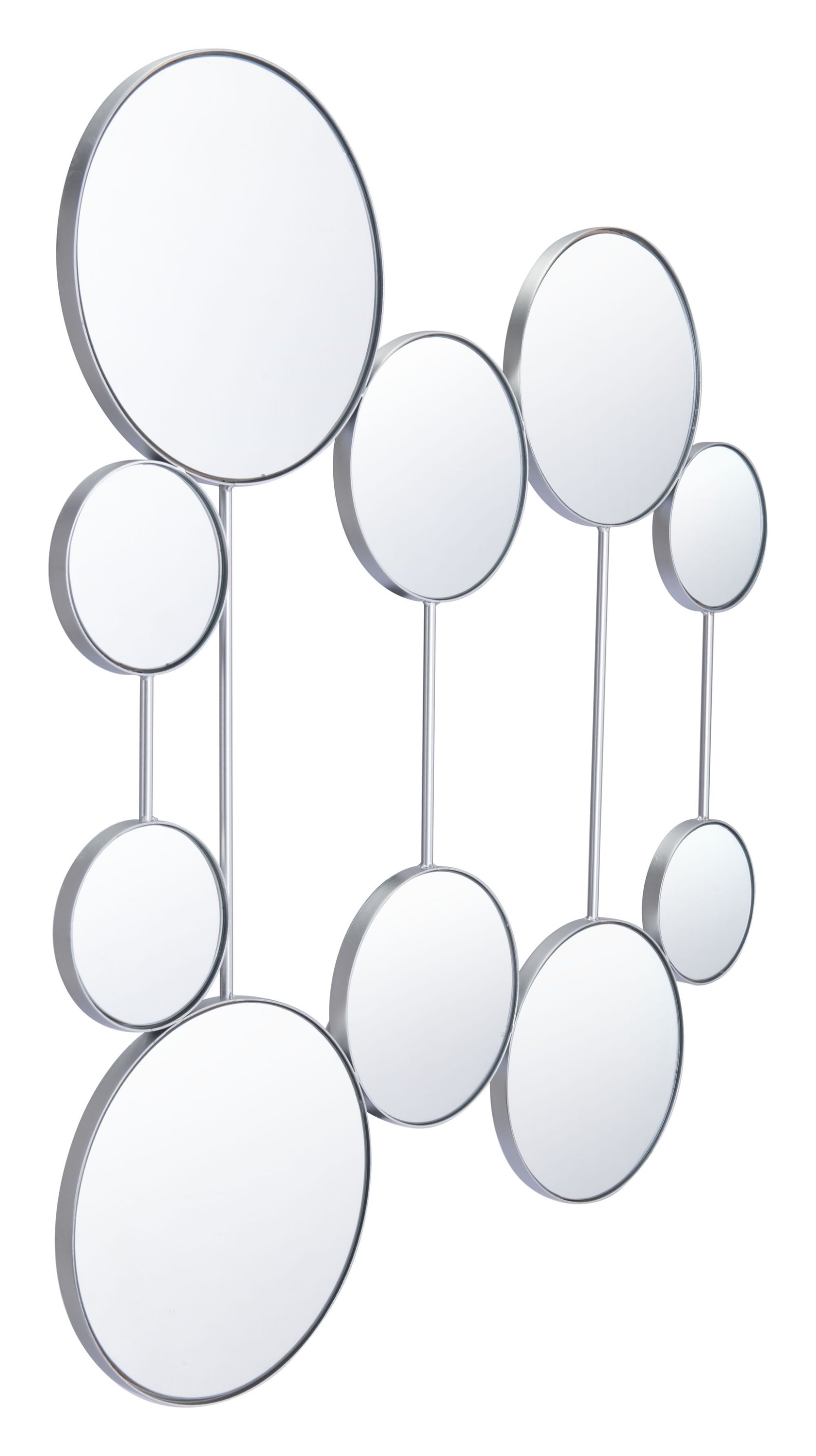 A modern silver round mirror wall sculpture featuring playful patterns and reflective surfaces, ideal for enhancing interior spaces.