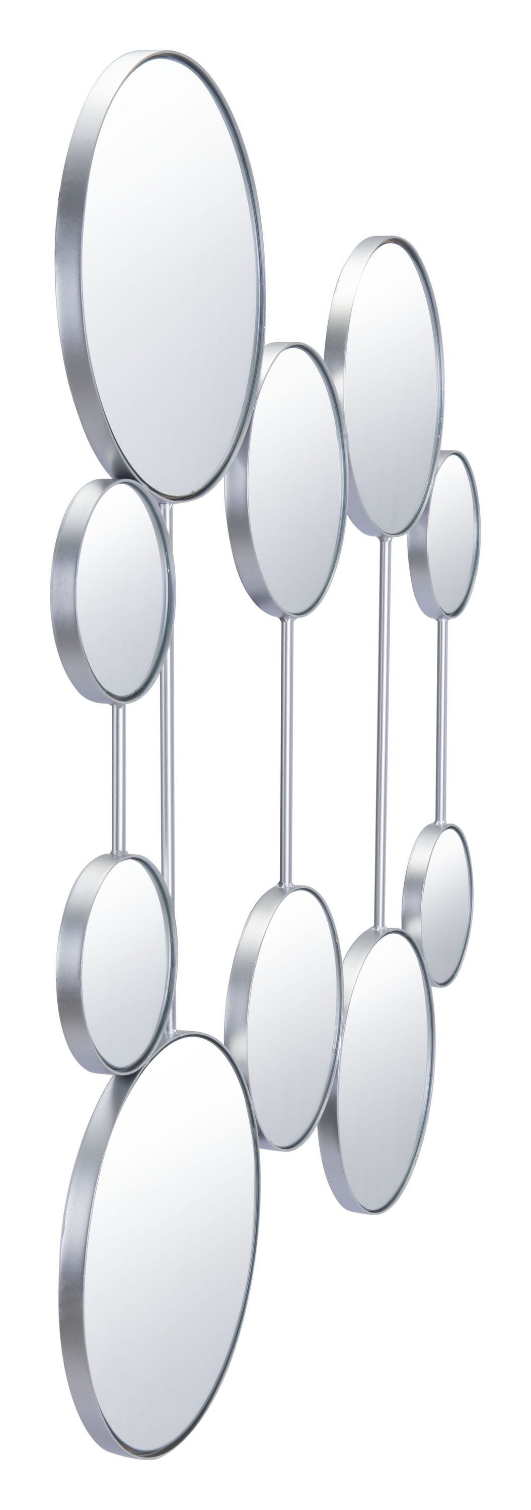 A modern silver round mirror wall sculpture featuring playful patterns and reflective surfaces, ideal for enhancing interior spaces.