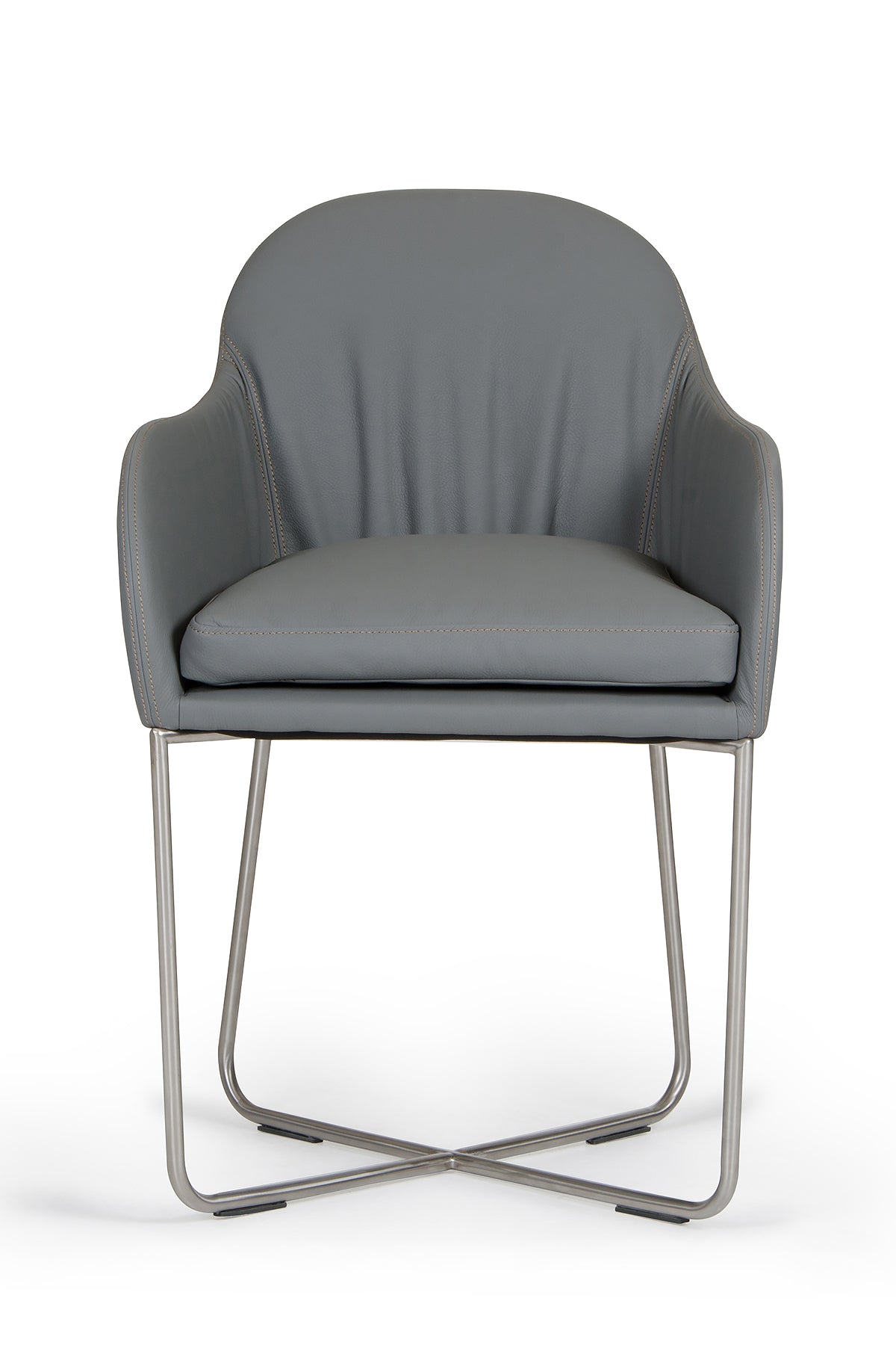 34-inch grey leatherette dining chair with steel legs, showcasing modern design and comfort.