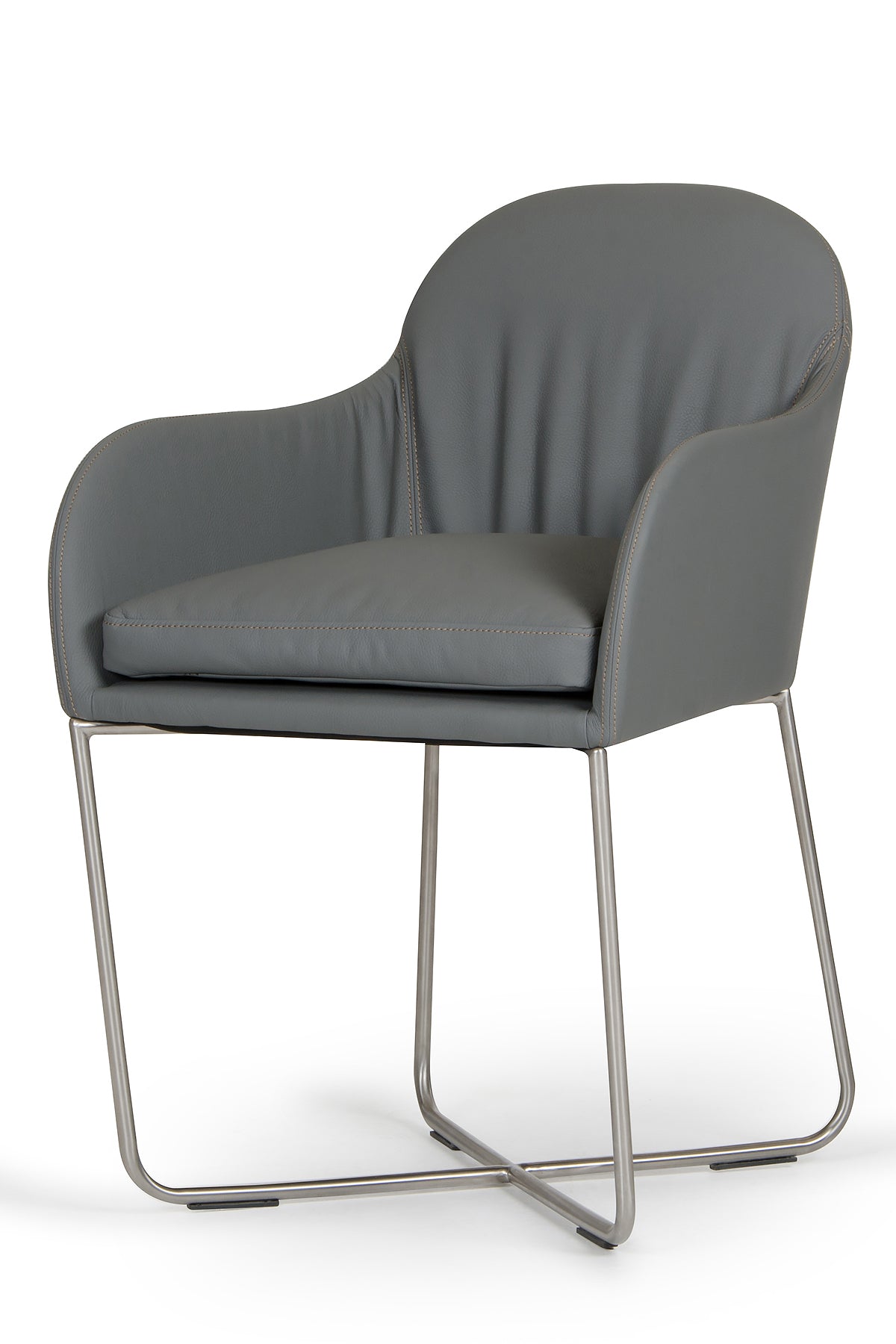 34-inch grey leatherette dining chair with steel legs, showcasing modern design and comfort.