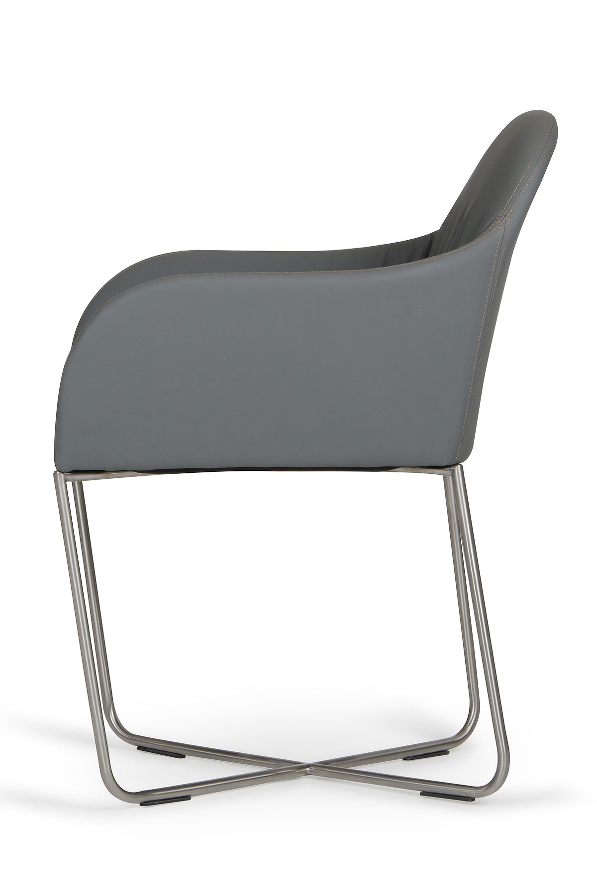 34-inch grey leatherette dining chair with steel legs, showcasing modern design and comfort.