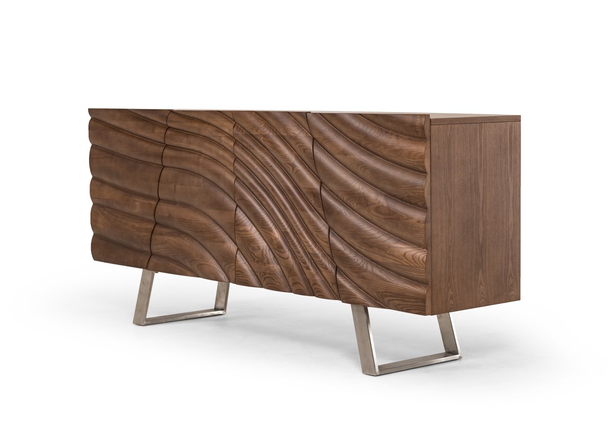 34-inch walnut wood veneer and steel buffet with three drawers and two doors, showcasing a contemporary design.