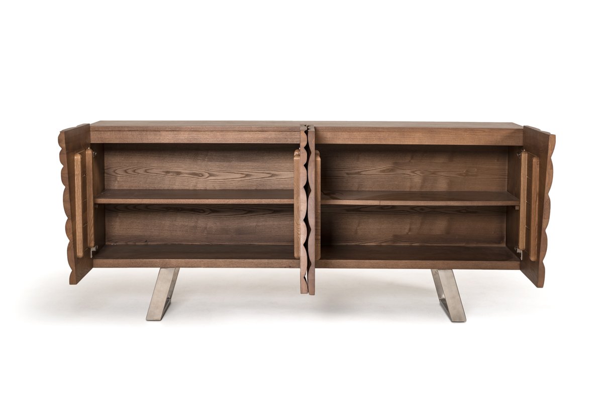 34-inch walnut wood veneer and steel buffet with three drawers and two doors, showcasing a contemporary design.