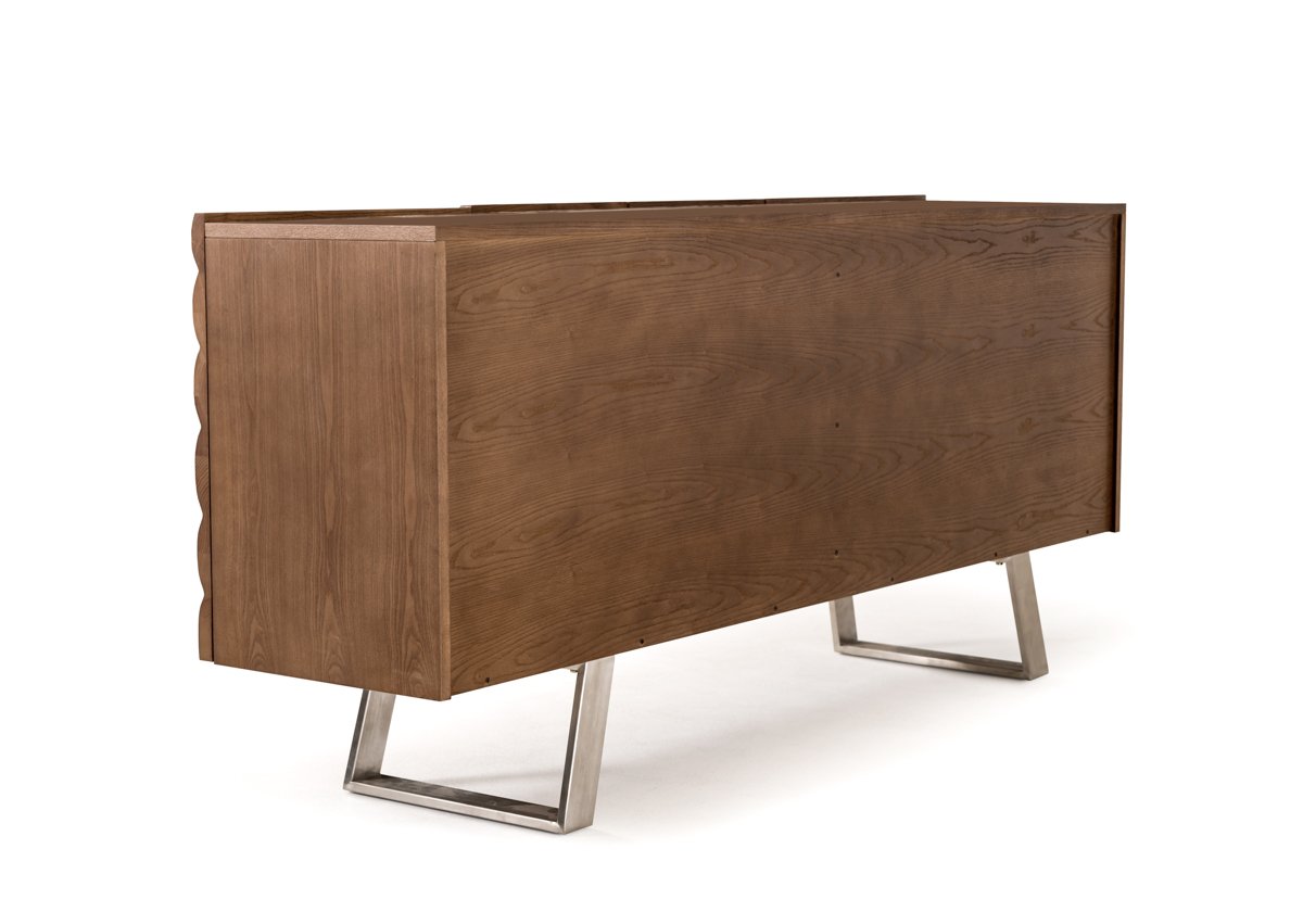 34-inch walnut wood veneer and steel buffet with three drawers and two doors, showcasing a contemporary design.