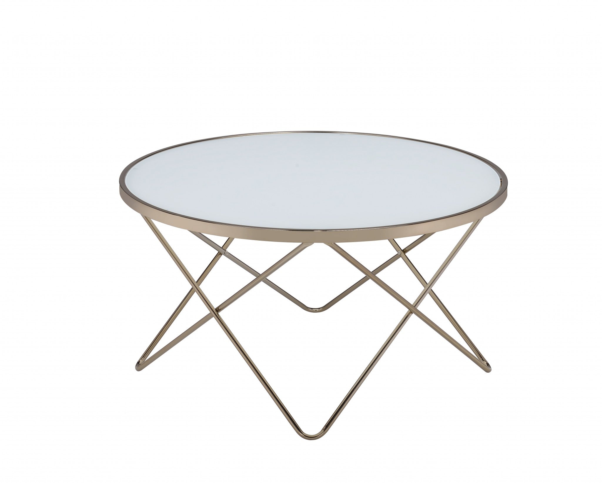 34x34x18 frosted glass champagne coffee table with a V-shape metal base, showcasing a modern design suitable for contemporary living rooms.