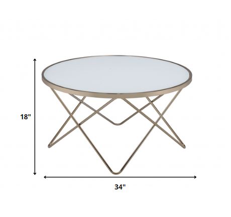 34x34x18 frosted glass champagne coffee table with a V-shape metal base, showcasing a modern design suitable for contemporary living rooms.