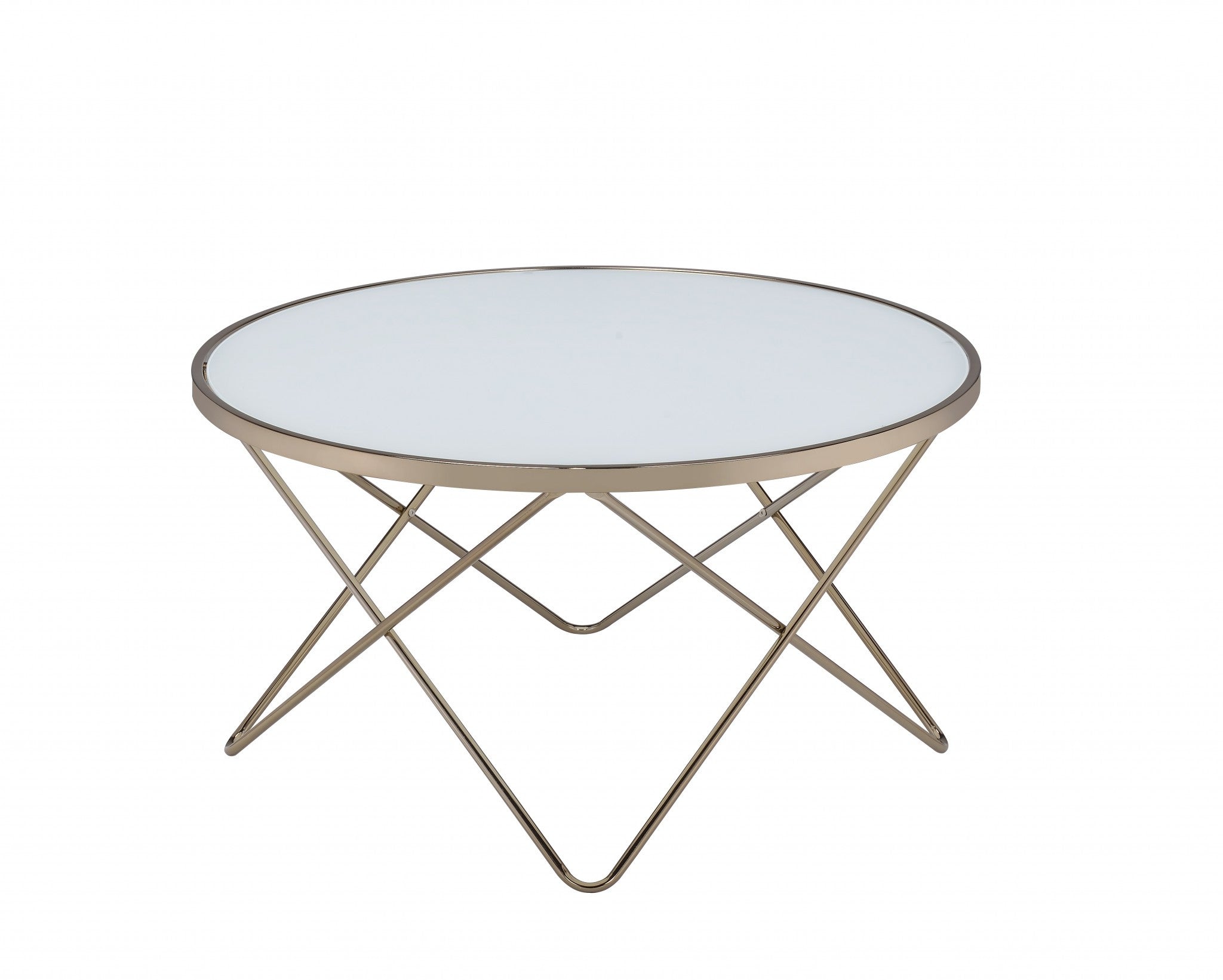 34x34x18 frosted glass champagne coffee table with a V-shape metal base, showcasing a modern design suitable for contemporary living rooms.