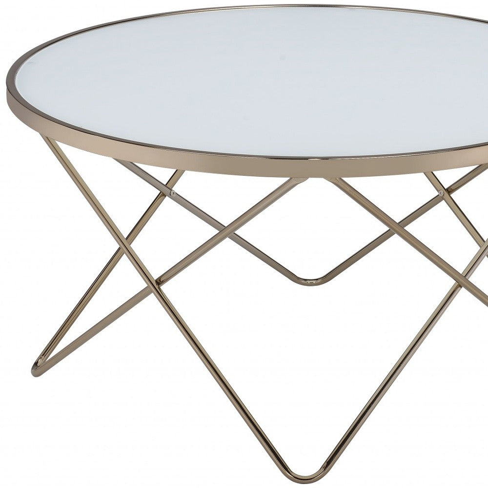 34x34x18 frosted glass champagne coffee table with a V-shape metal base, showcasing a modern design suitable for contemporary living rooms.