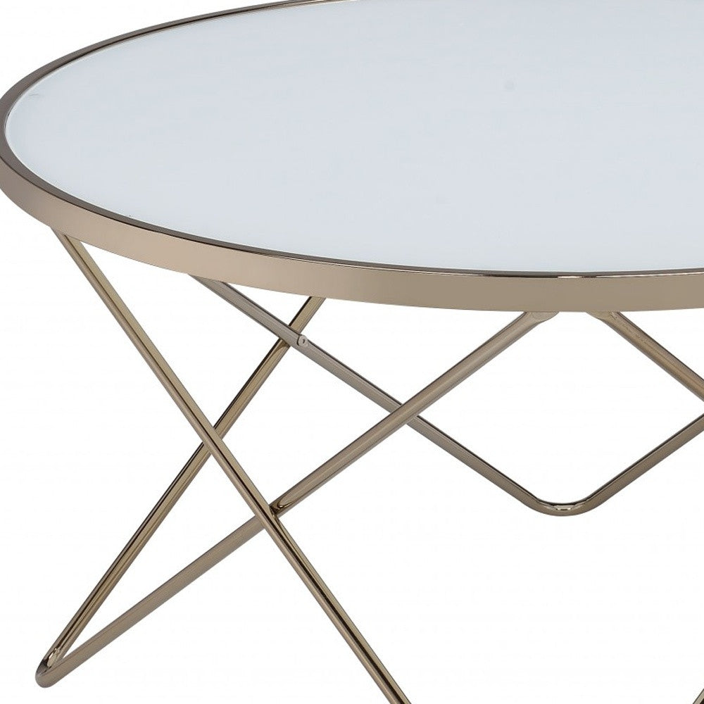 34x34x18 frosted glass champagne coffee table with a V-shape metal base, showcasing a modern design suitable for contemporary living rooms.