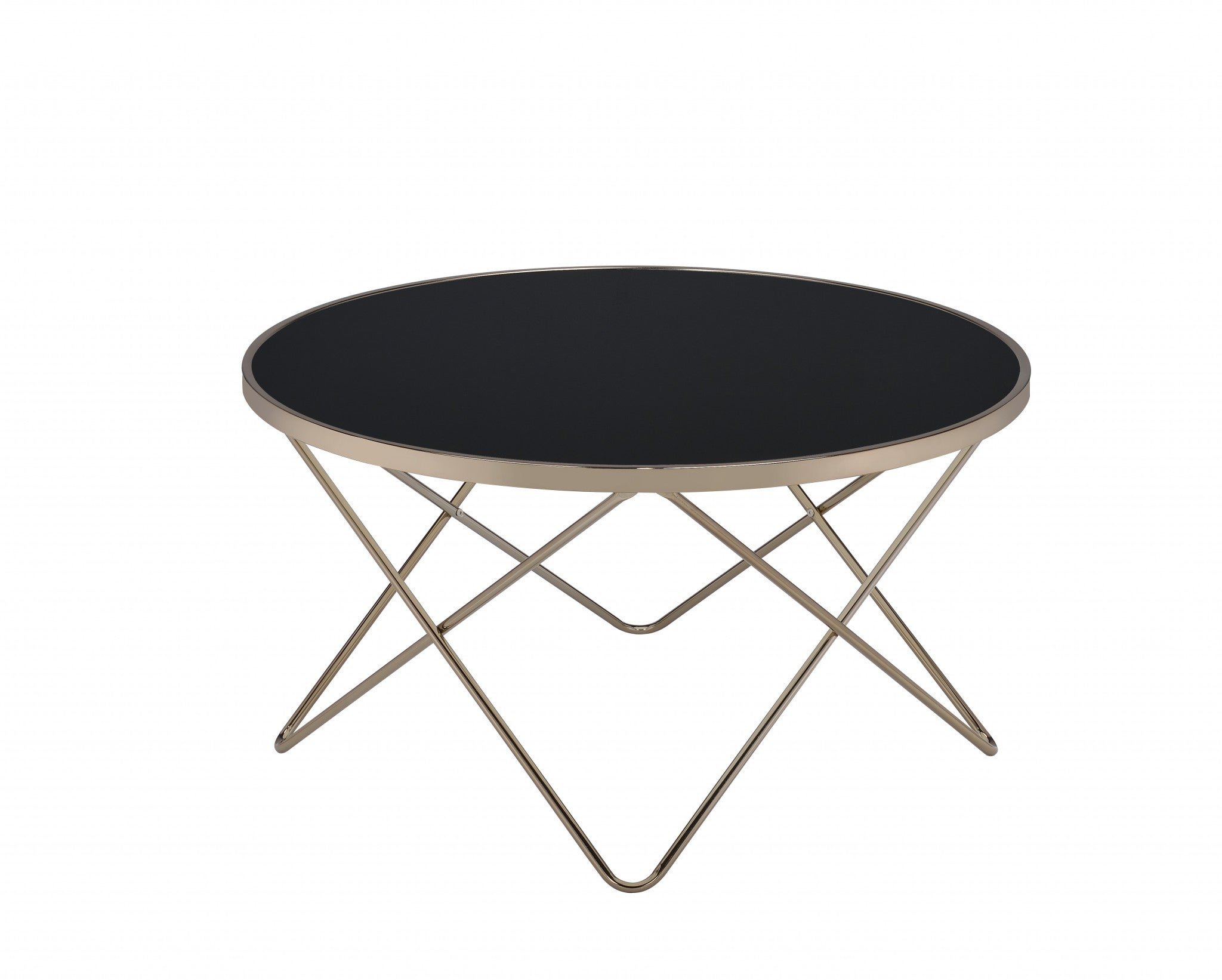 34x34x18 frosted glass champagne coffee table with a V-shape metal base, showcasing a modern design suitable for contemporary living rooms.