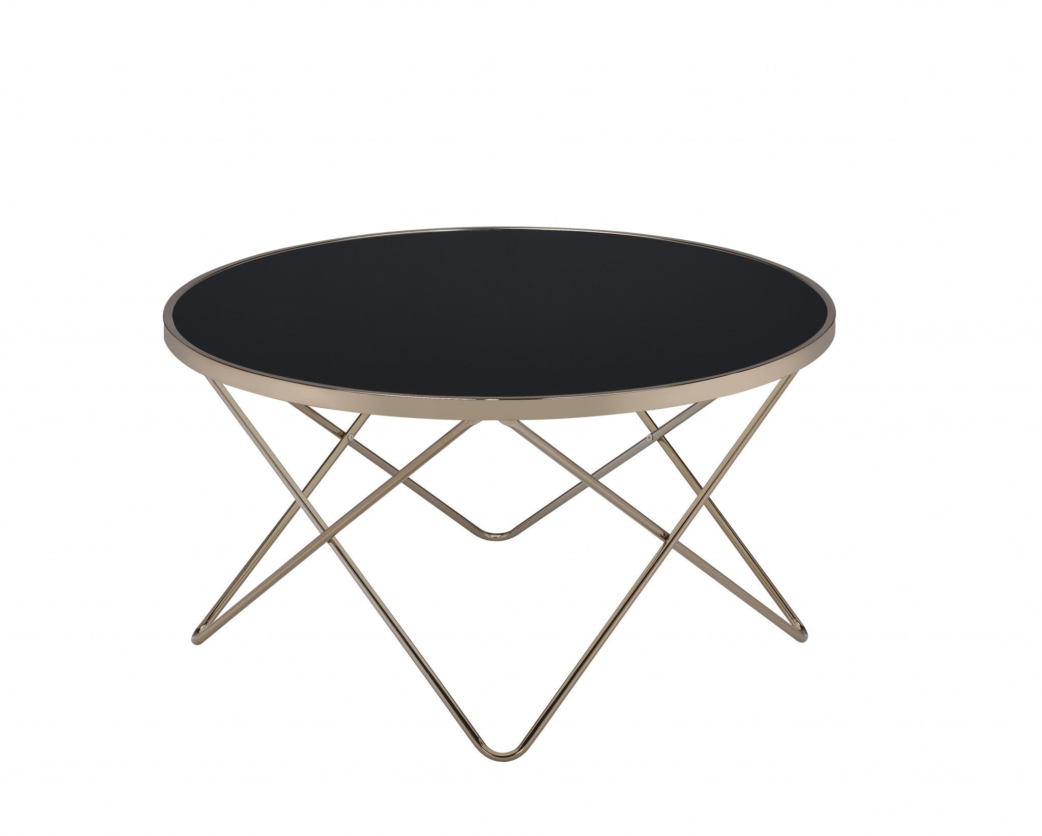 34x34x18 frosted glass champagne coffee table with a V-shape metal base, showcasing a modern design suitable for contemporary living rooms.