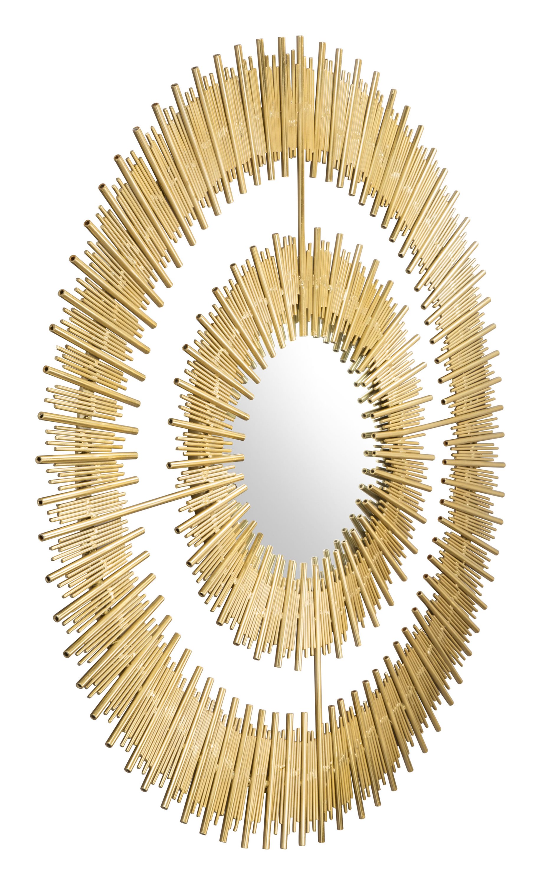 A stylish 35-inch round mirror with a gold iron frame, reflecting light and enhancing the decor of a modern living space.