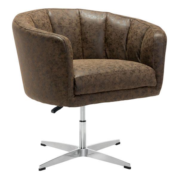 Modern leatherette occasional chair in rustic coffee brown with channel tufting and aluminum base.