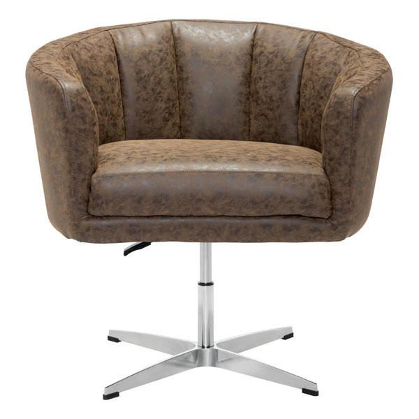 Modern leatherette occasional chair in rustic coffee brown with channel tufting and aluminum base.