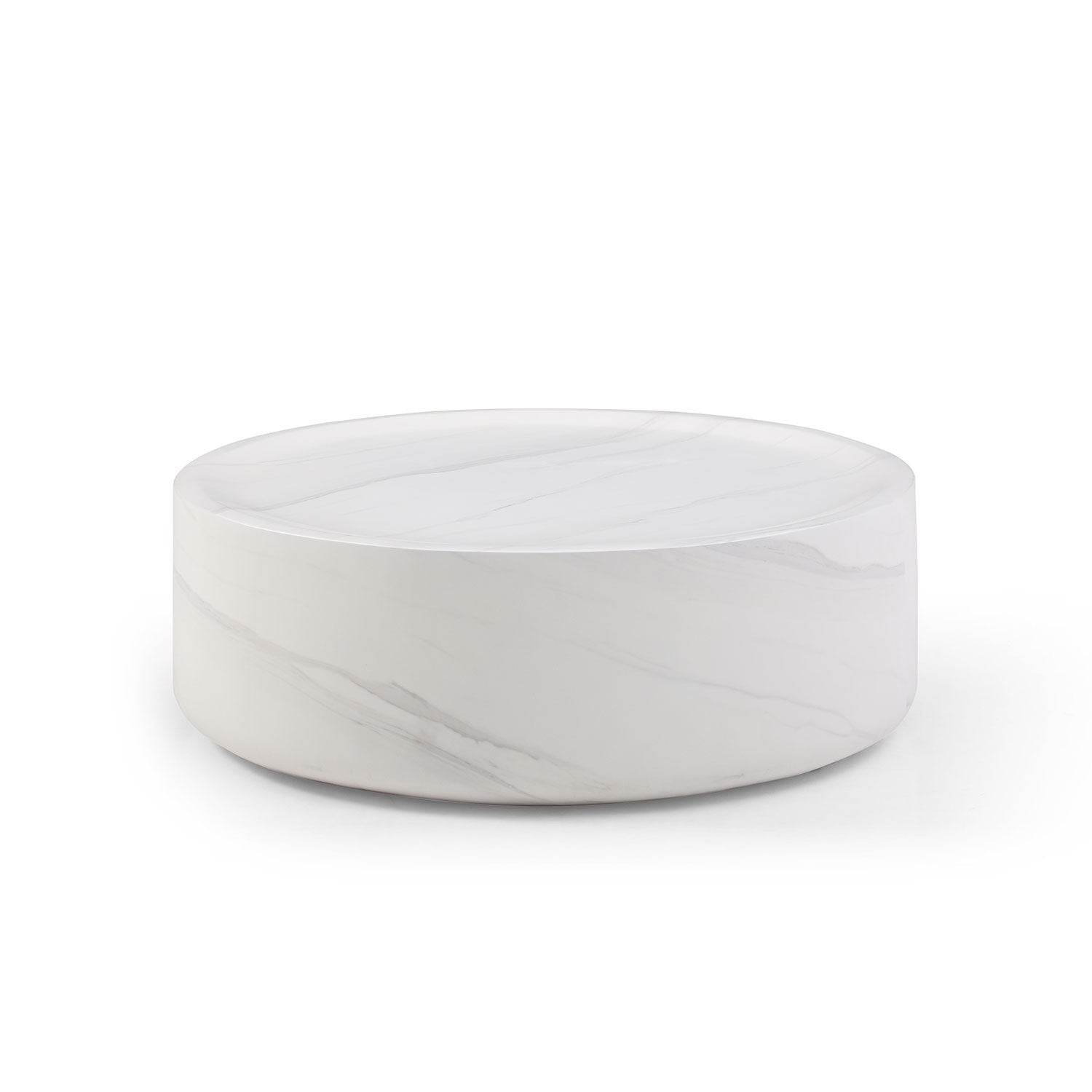 A stylish 35.43'' round coffee table made of white fiberglass, showcasing a modern design suitable for various home decors.