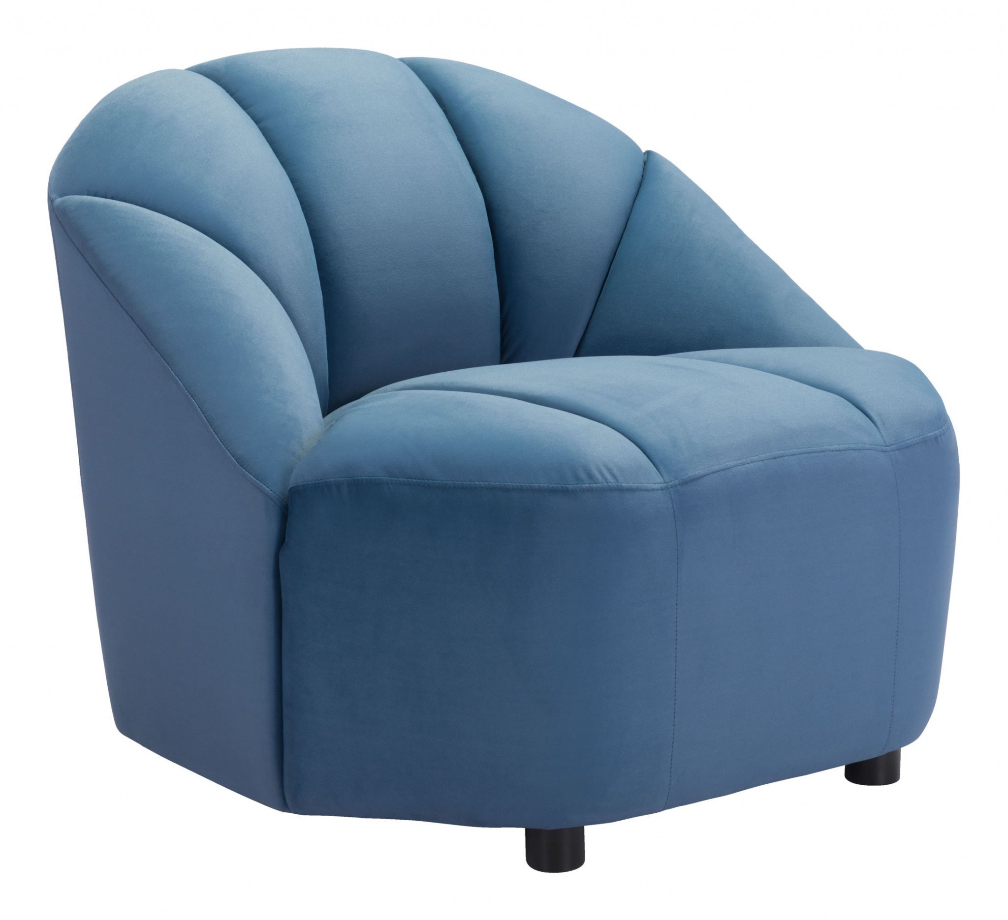 A modern dark blue velvet chair with vertical channels, featuring an armless design and deep seat, perfect for cozy living spaces.